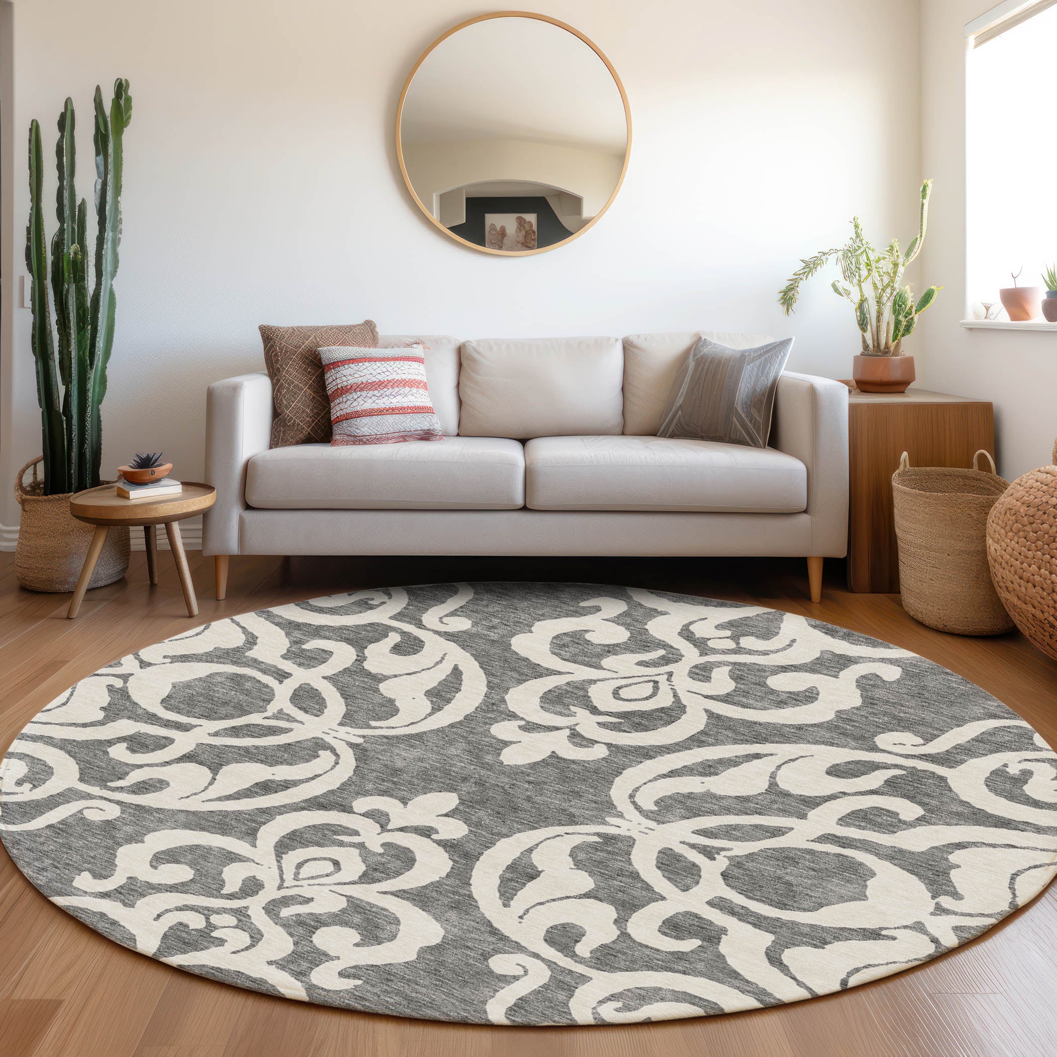 Lisbon Machine Washable Transitional Gray Rug 8' x 8' #shape_Round