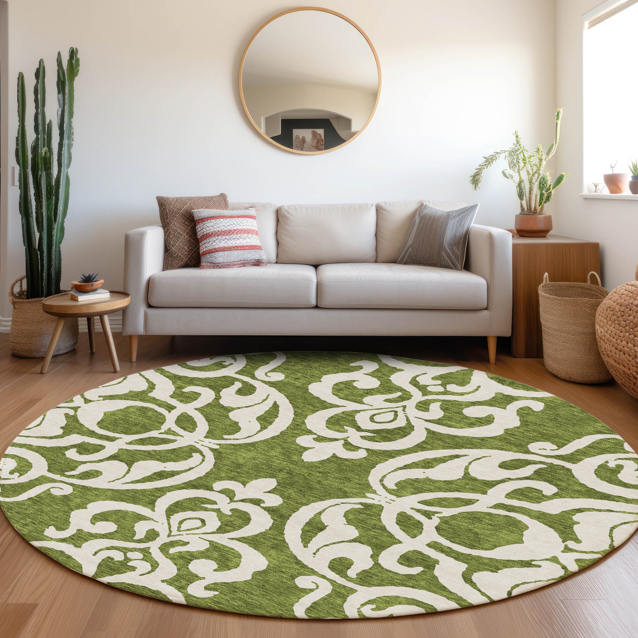 Lisbon Machine Washable Transitional Green Rug 8' x 8' #shape_Round