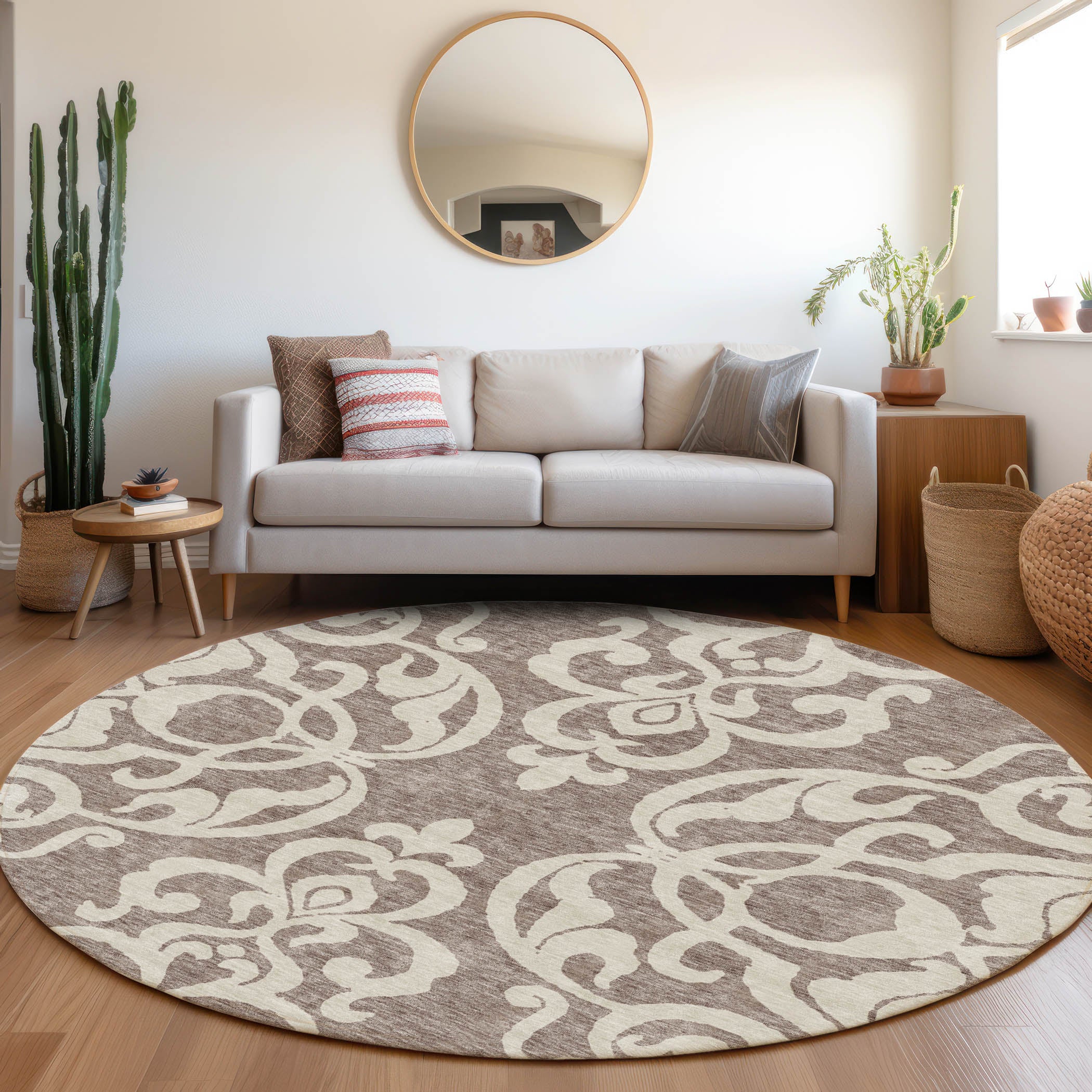 Lisbon Machine Washable Transitional Taupe Brown Rug 8' x 8' #shape_Round