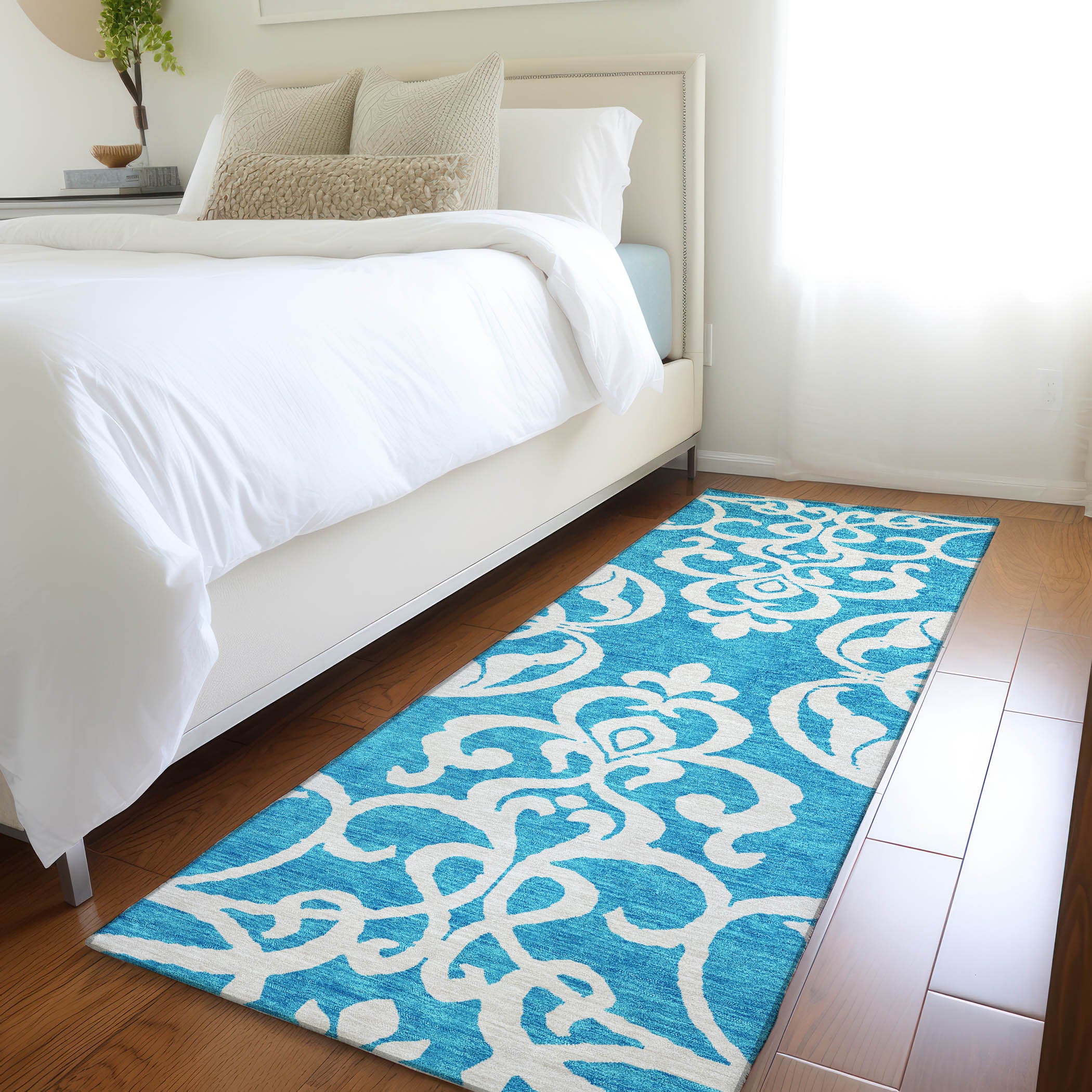 Lisbon Machine Washable Transitional Turquoise Teal Rug 2'3" x 7'6" #shape_Runner