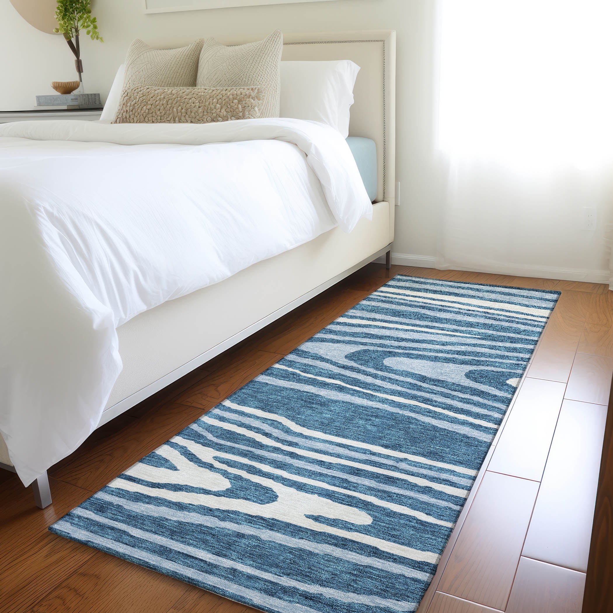 Queenstown Machine Washable Transitional Navy Blue Rug 2'3" x 7'6" #shape_Runner