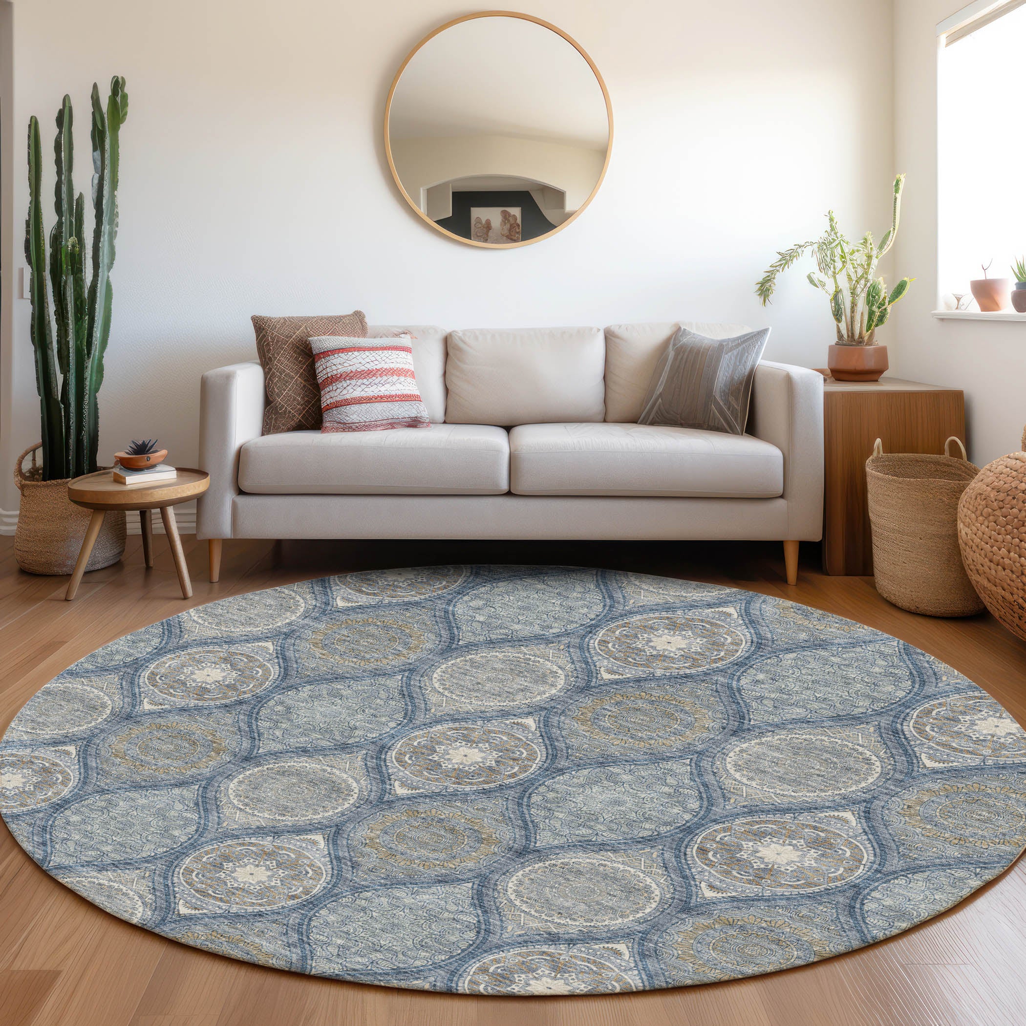 Ghent Machine Washable Transitional Navy Blue Rug 8' x 8' #shape_Round