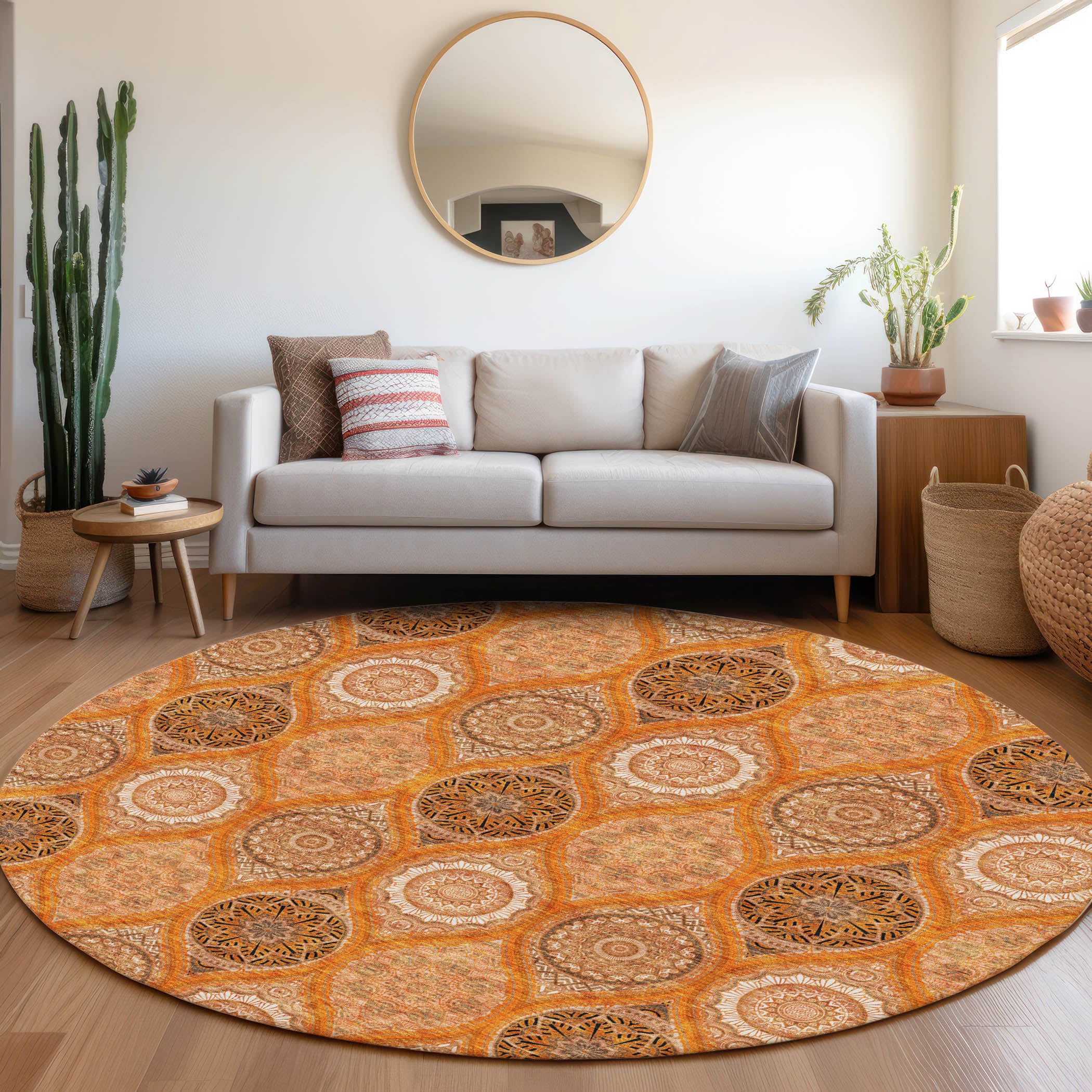 Ghent Machine Washable Transitional Orange Rug 8' x 8' #shape_Round