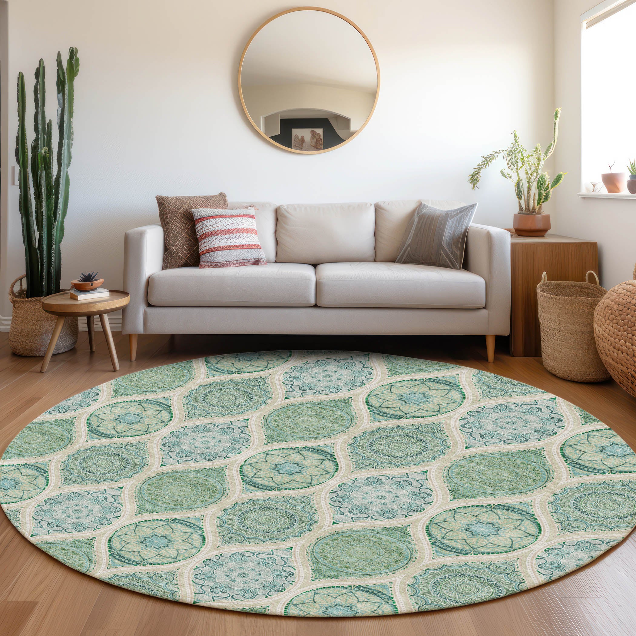 Ghent Machine Washable Transitional Sage Green Rug 8' x 8' #shape_Round