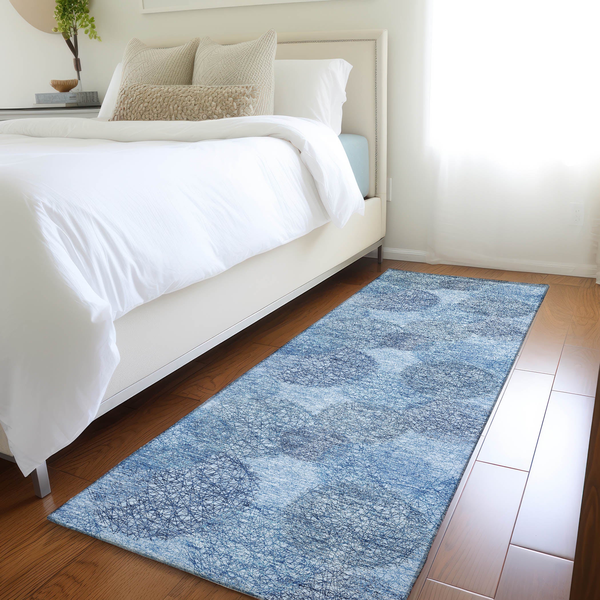 Santorini Machine Washable Transitional Denim Blue Rug 2'3" x 7'6" #shape_Runner