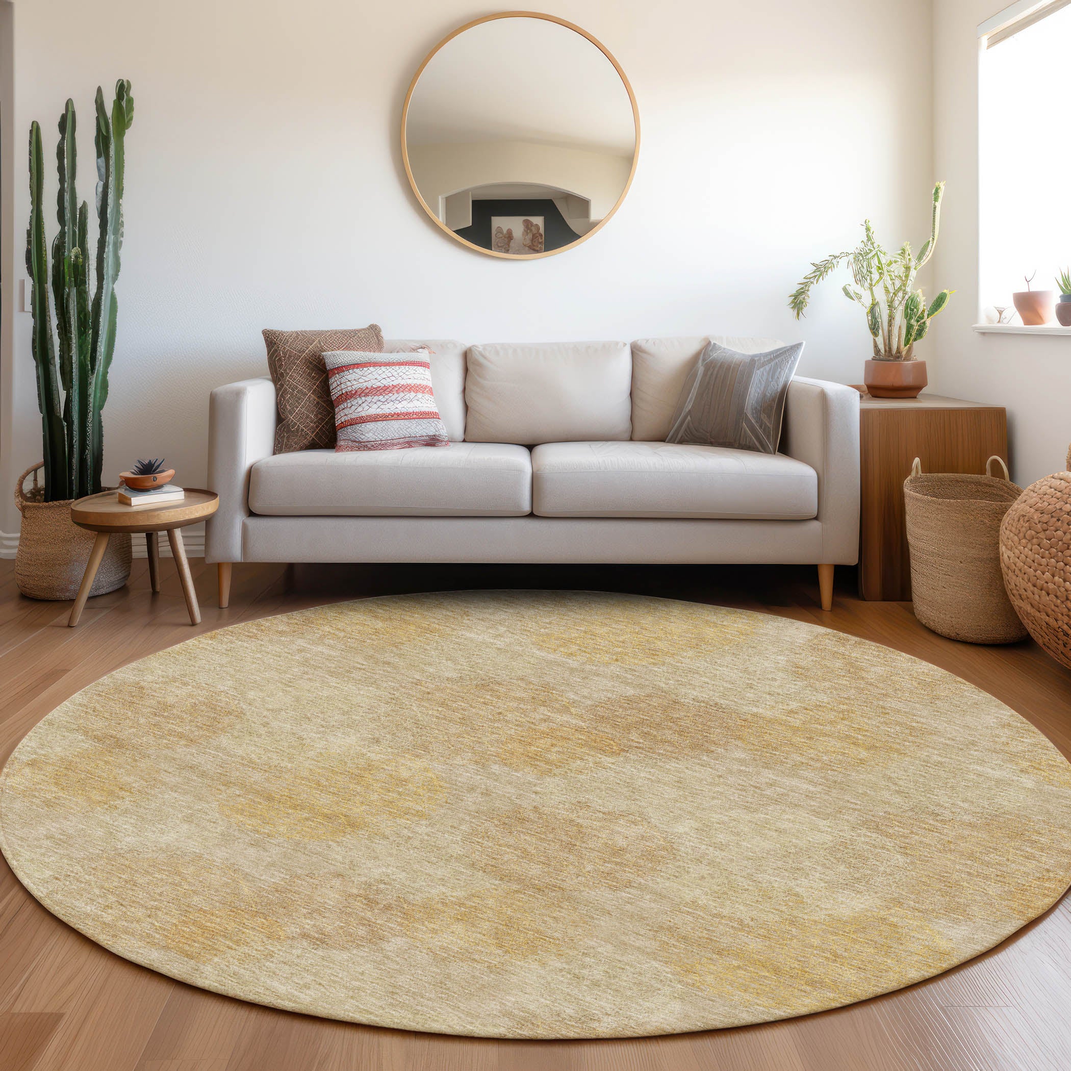 Santorini Machine Washable Transitional Gold Rug 8' x 8' #shape_Round