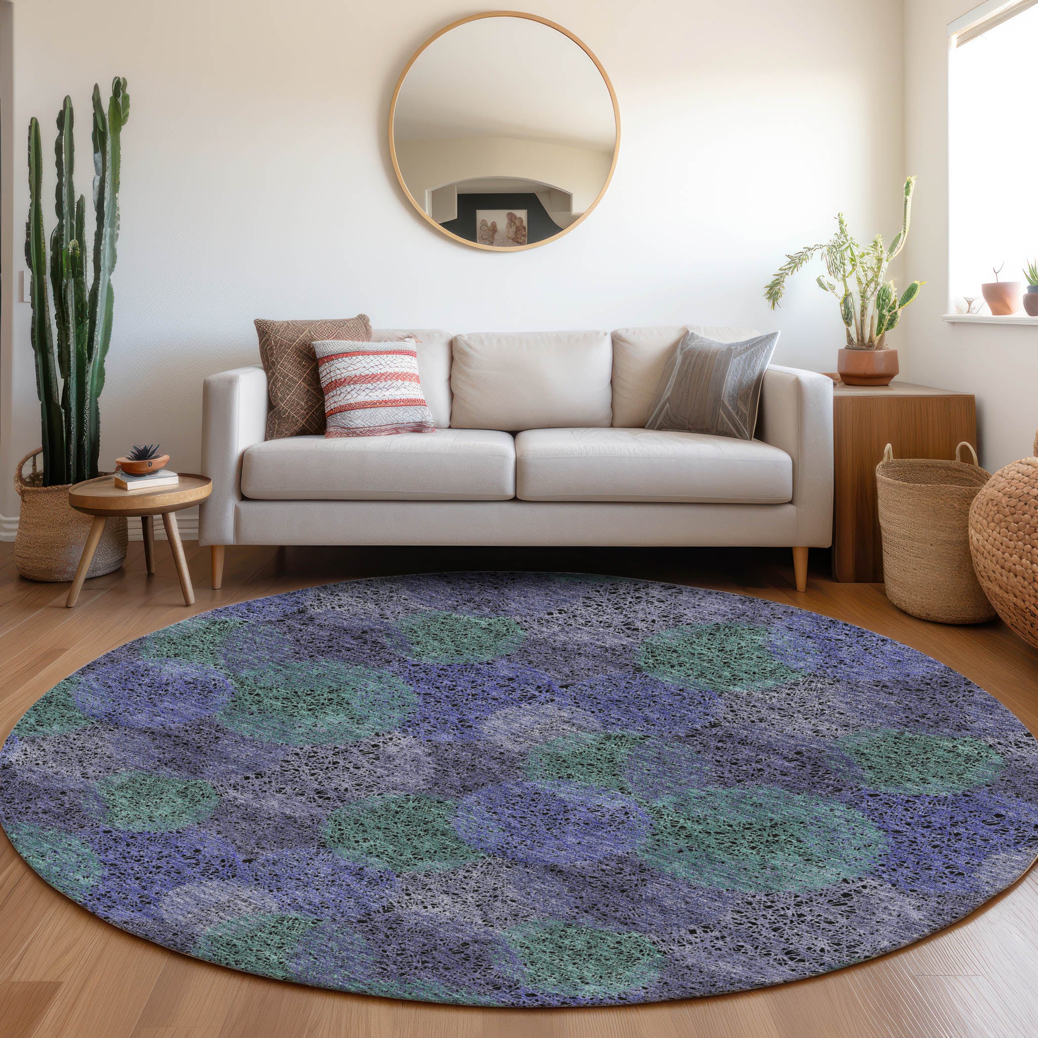 Santorini Machine Washable Transitional Purple Rug 8' x 8' #shape_Round