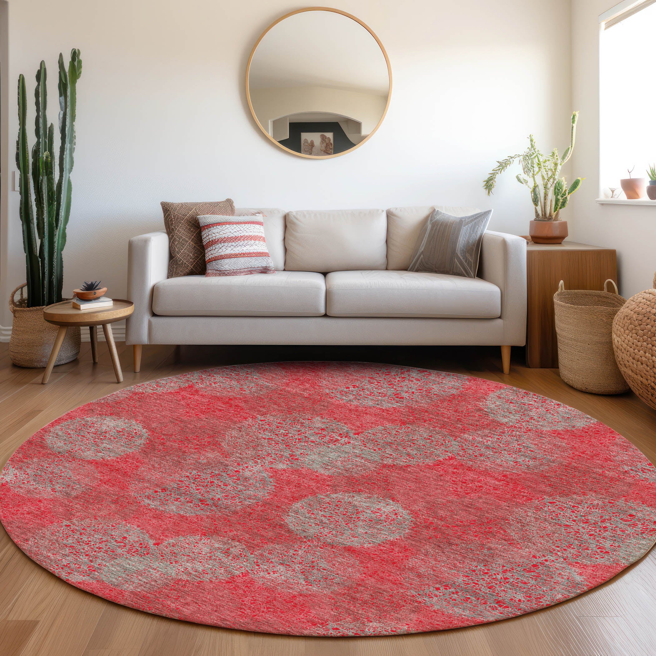Santorini Machine Washable Transitional Red Rug 8' x 8' #shape_Round