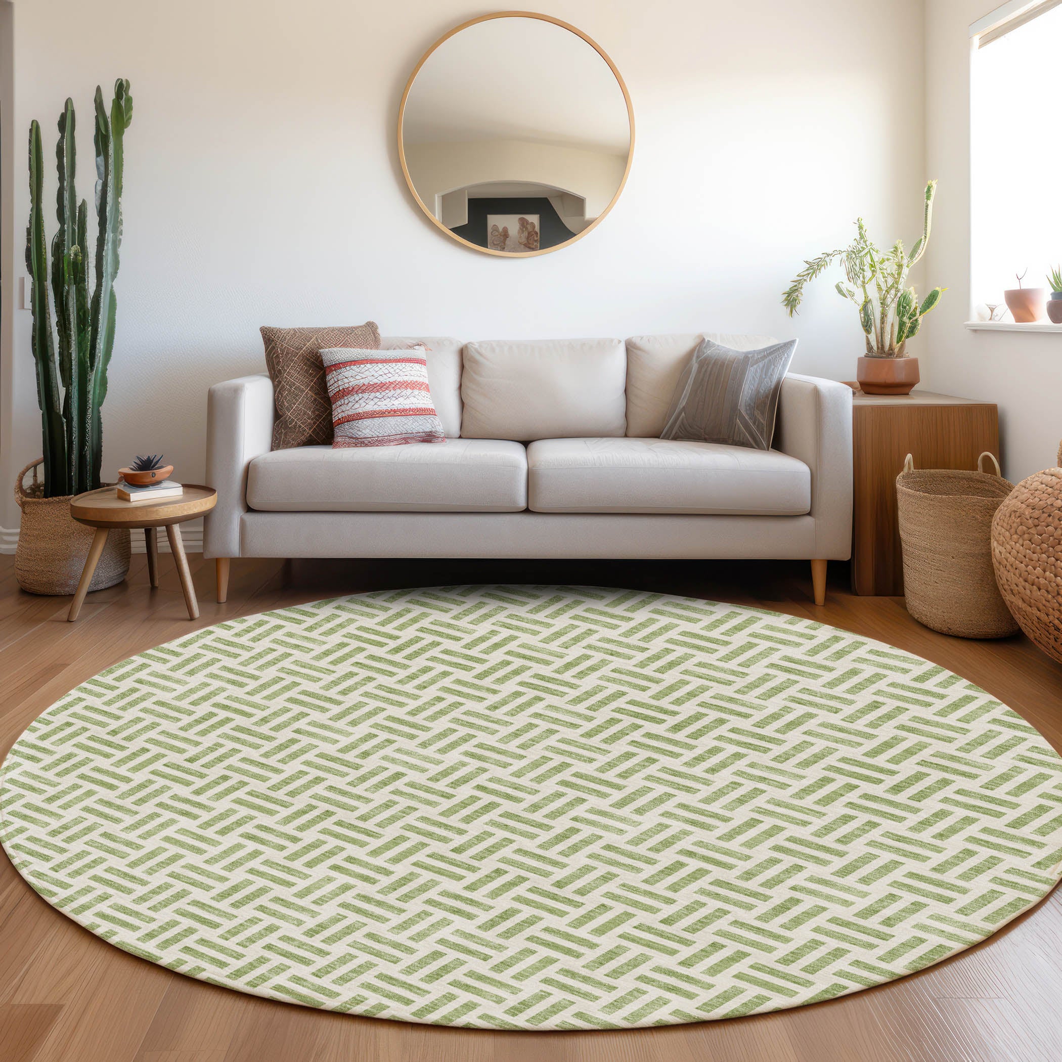 Tbilisi Machine Washable Transitional Aloe Green Rug 8' x 8' #shape_Round