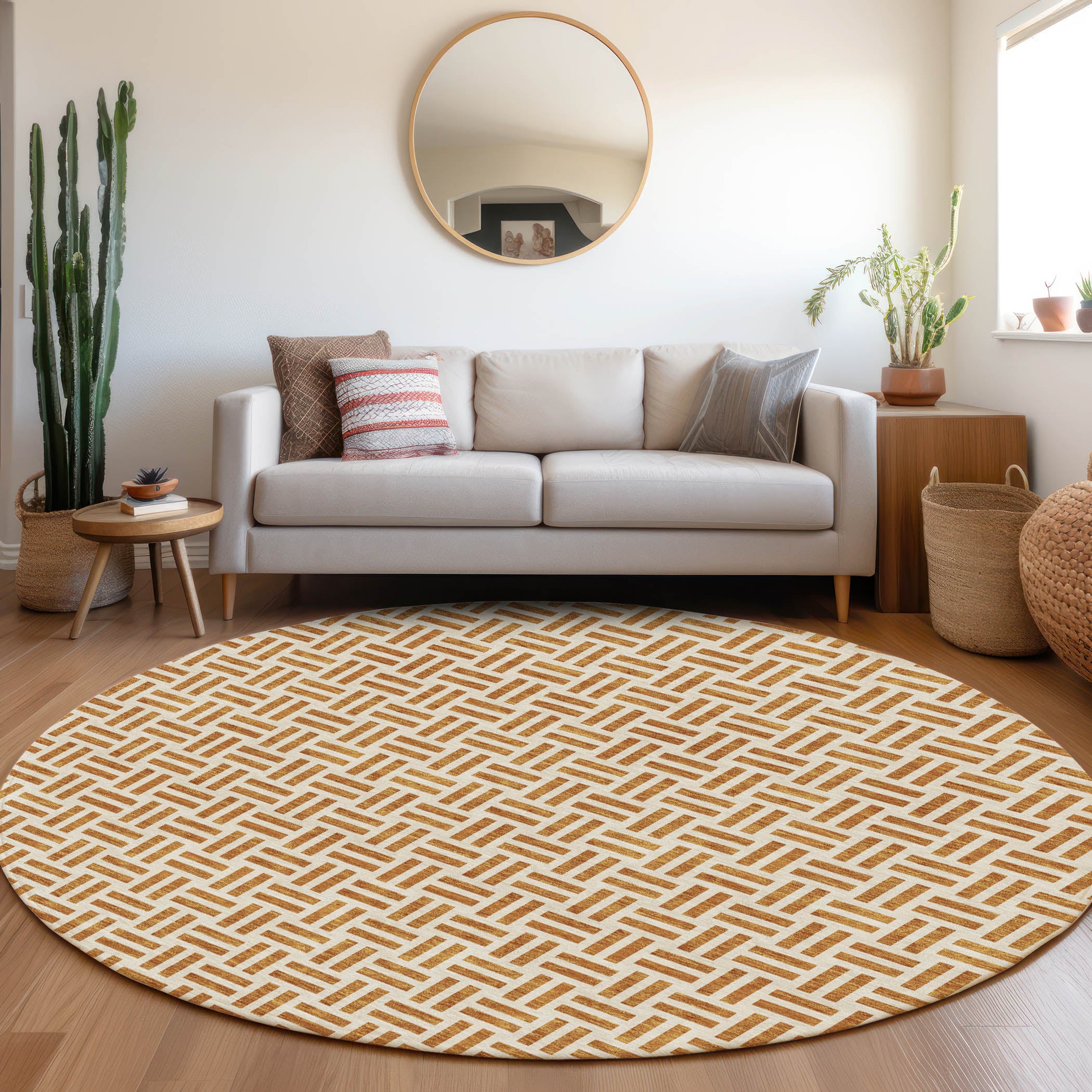 Tbilisi Machine Washable Transitional Copper Orange Rug 8' x 8' #shape_Round