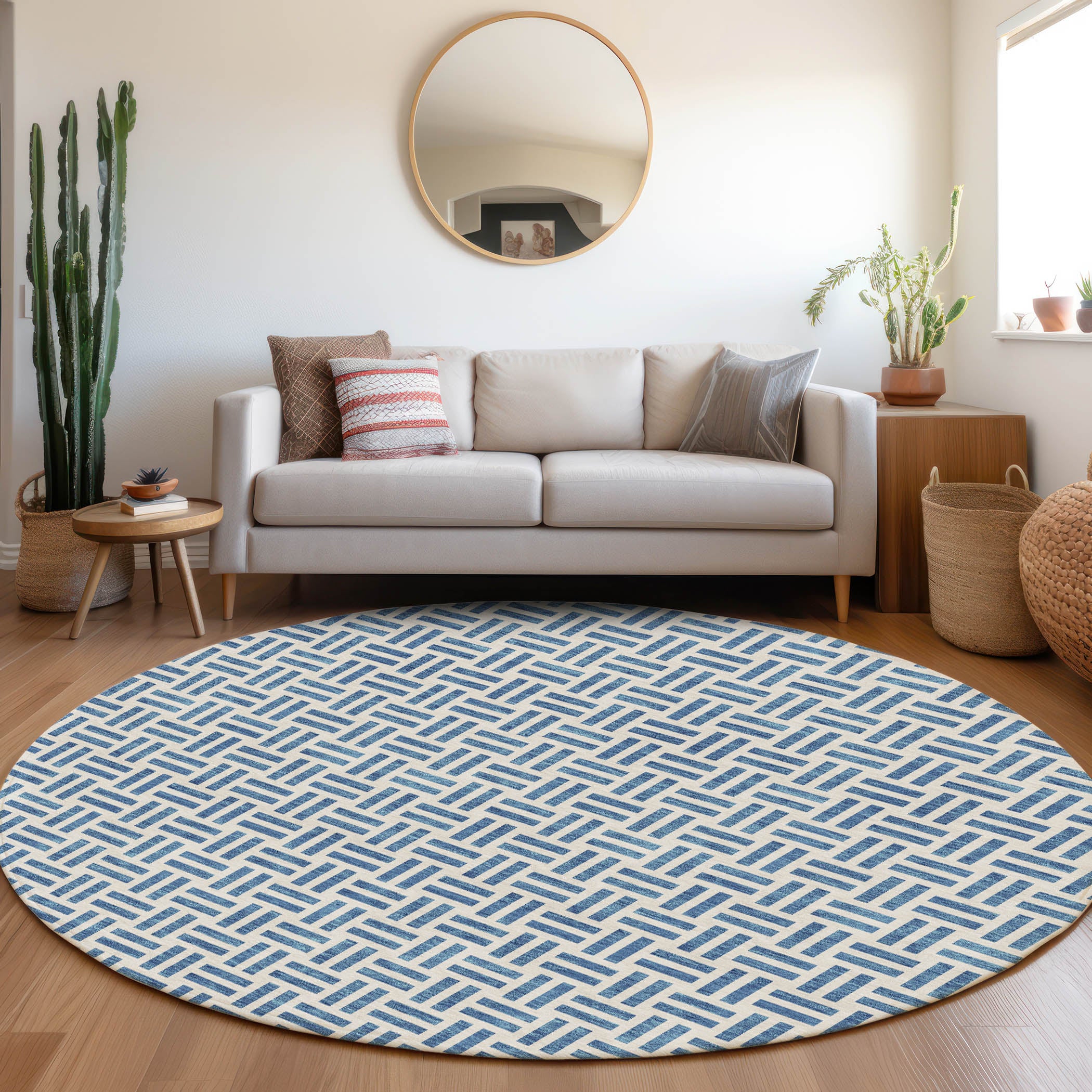 Tbilisi Machine Washable Transitional Denim Blue Rug 8' x 8' #shape_Round