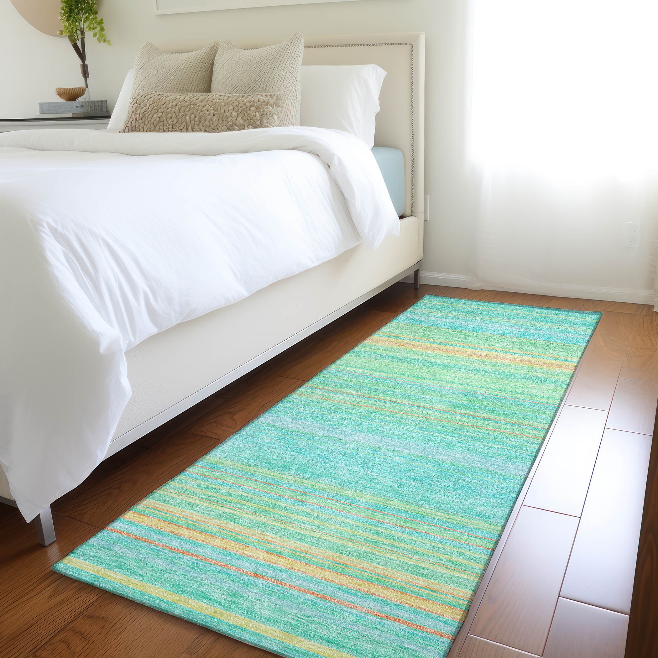 Santorini Machine Washable Transitional Aqua Teal Rug 2'3" x 7'6" #shape_Runner