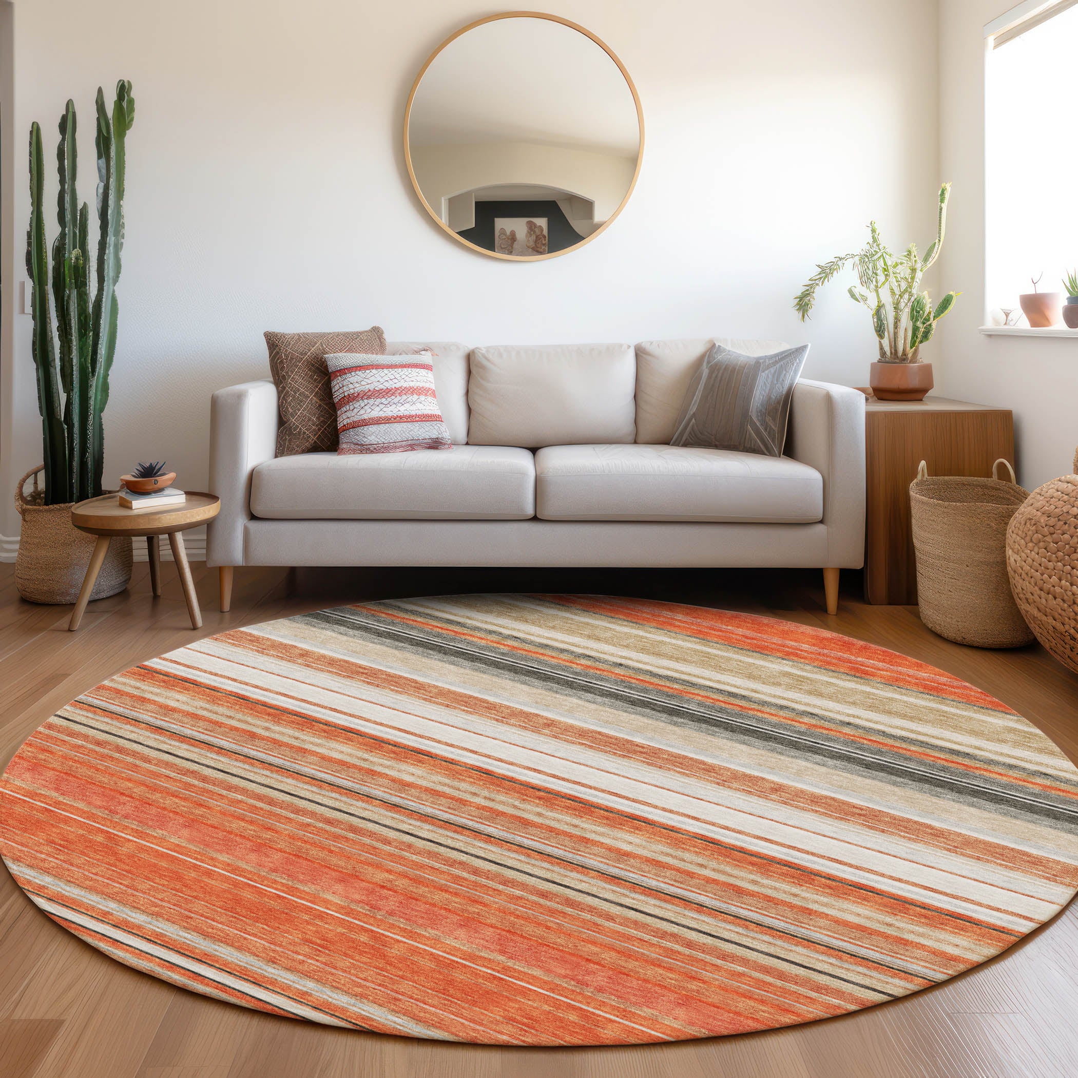 Santorini Machine Washable Transitional Coral Orange Rug 8' x 8' #shape_Round