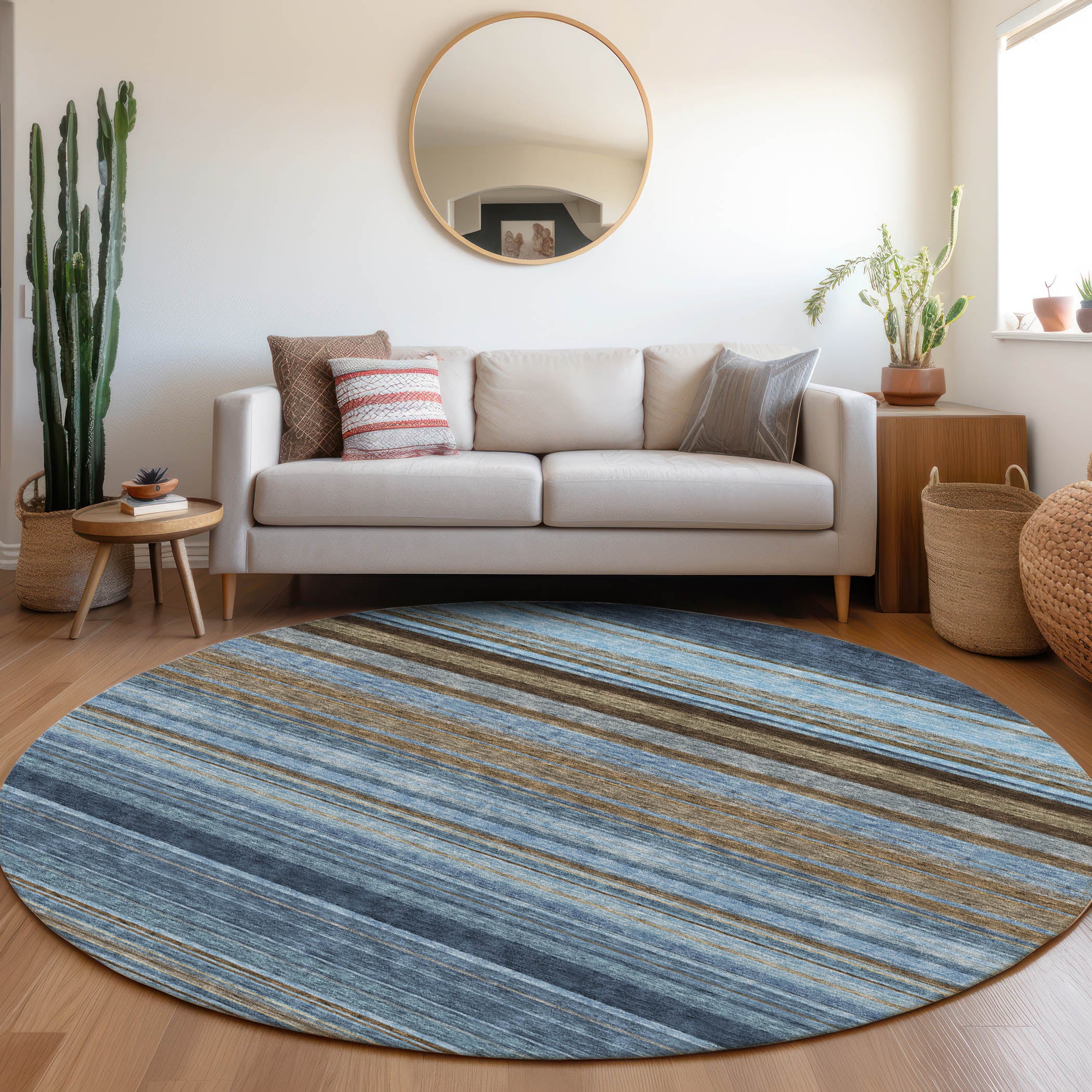 Santorini Machine Washable Transitional Navy Blue Rug 8' x 8' #shape_Round