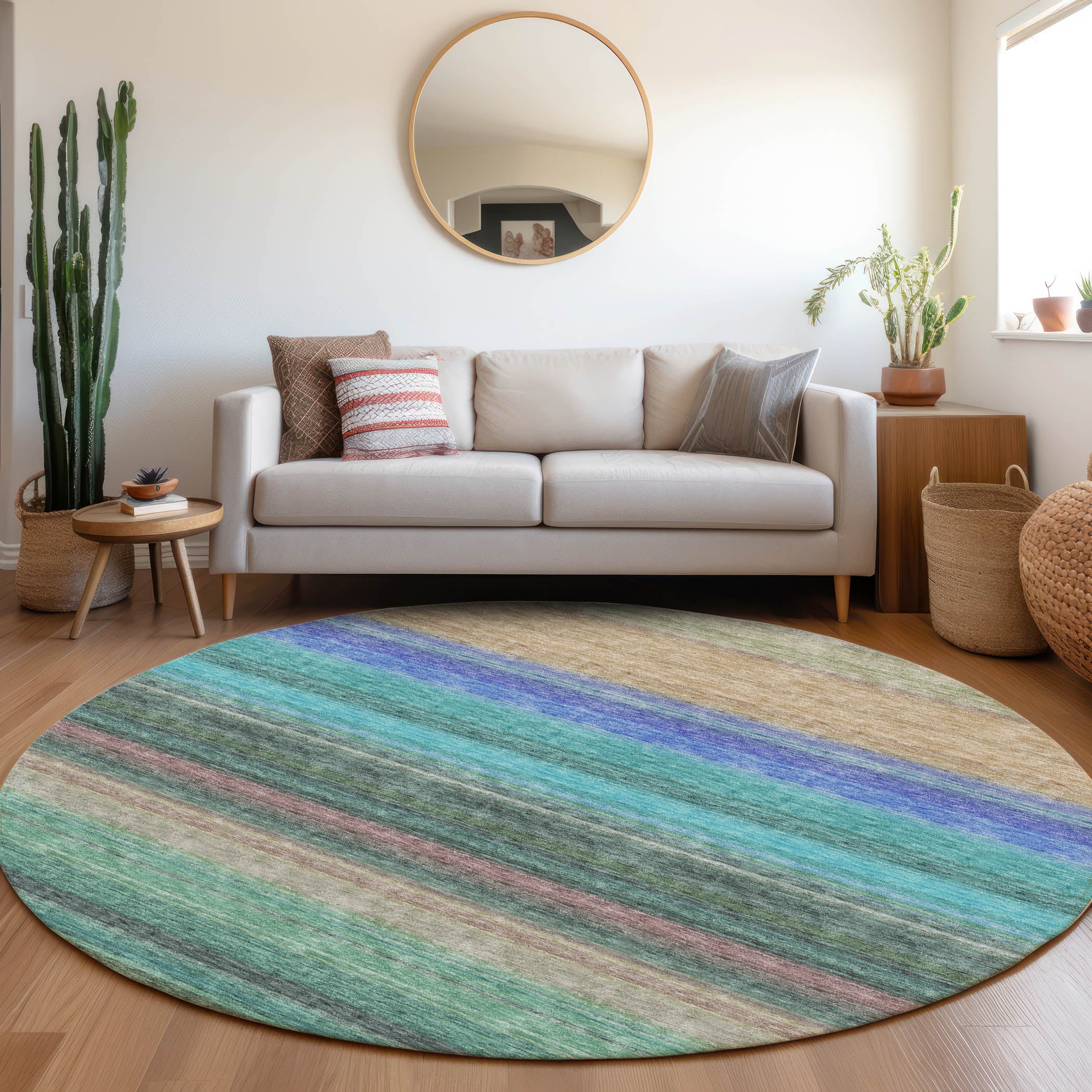 Santorini Machine Washable Transitional Sage Green Rug 8' x 8' #shape_Round