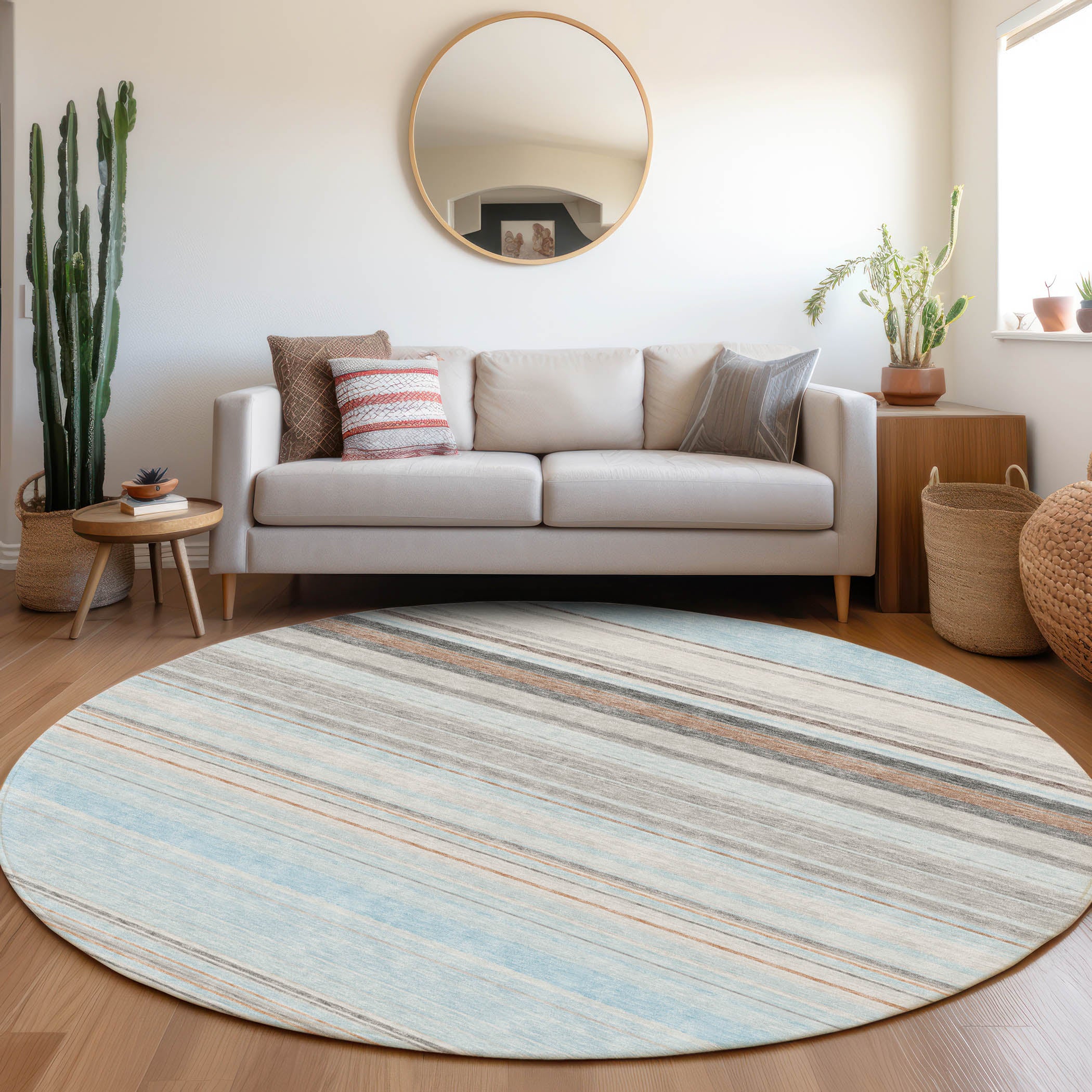 Santorini Machine Washable Transitional Sky Blue Rug 8' x 8' #shape_Round