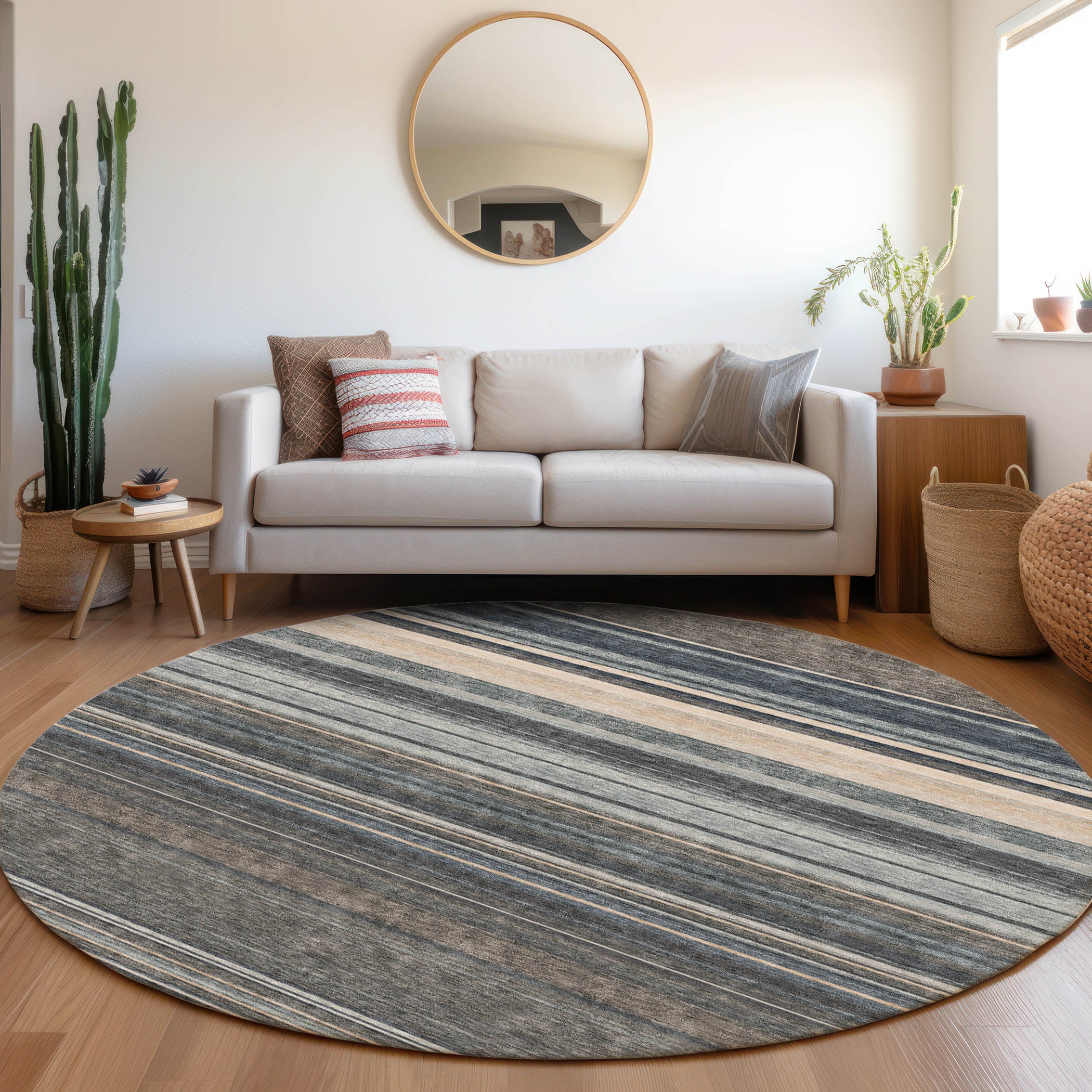 Santorini Machine Washable Transitional Taupe Brown Rug 8' x 8' #shape_Round