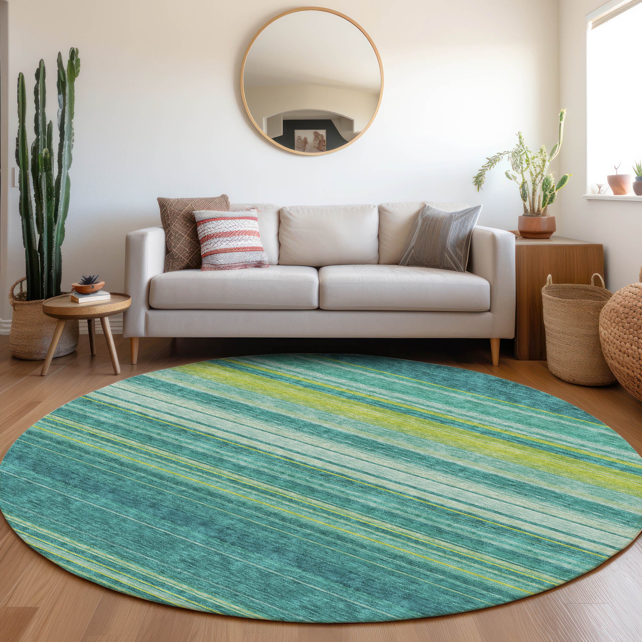 Santorini Machine Washable Transitional Teal Rug 8' x 8' #shape_Round