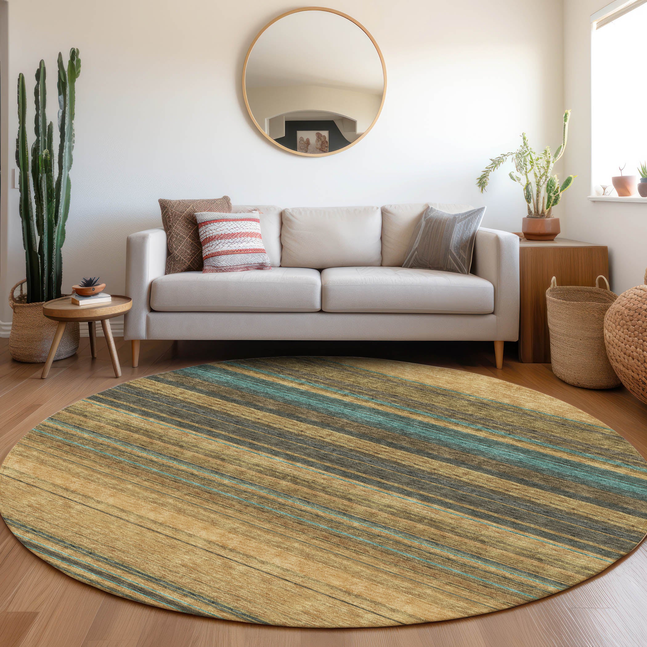 Santorini Machine Washable Transitional Wheat Gold Rug 8' x 8' #shape_Round