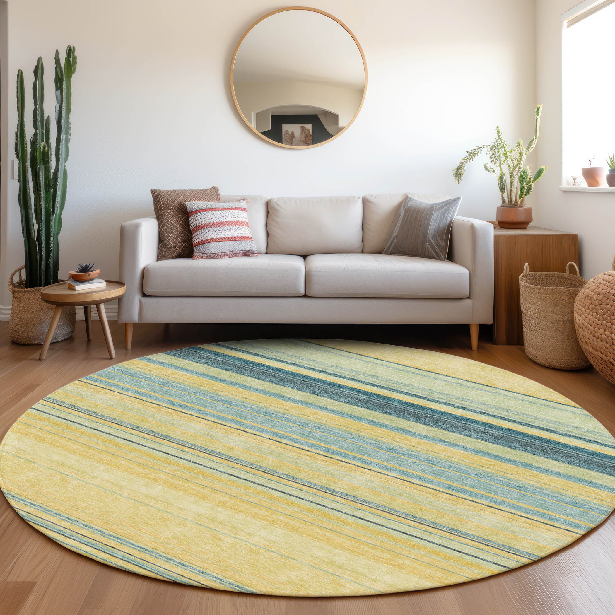 Santorini Machine Washable Transitional Yellow Gold Rug 8' x 8' #shape_Round