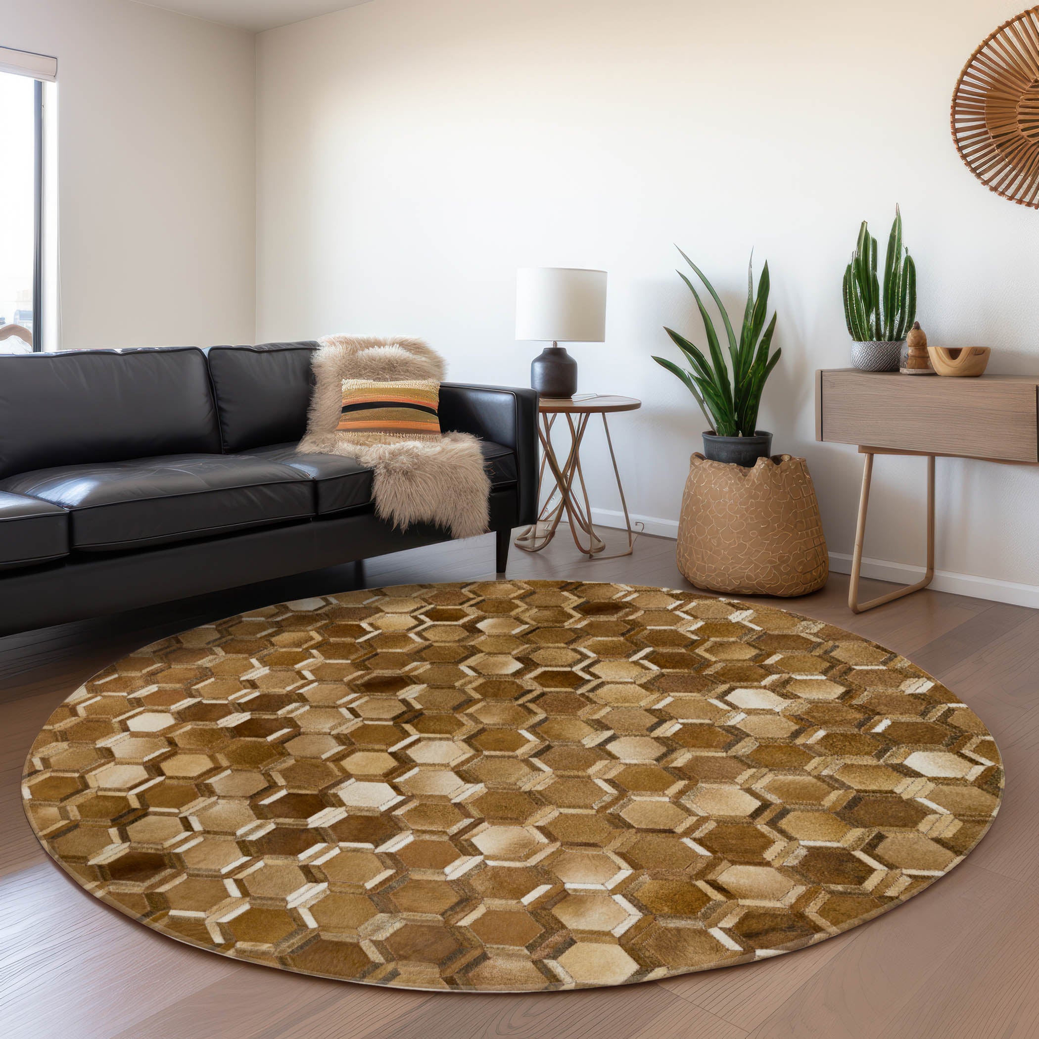 Oaxaca Machine Washable Cowhide Brown Browns Rug 8' x 8' #shape_Round