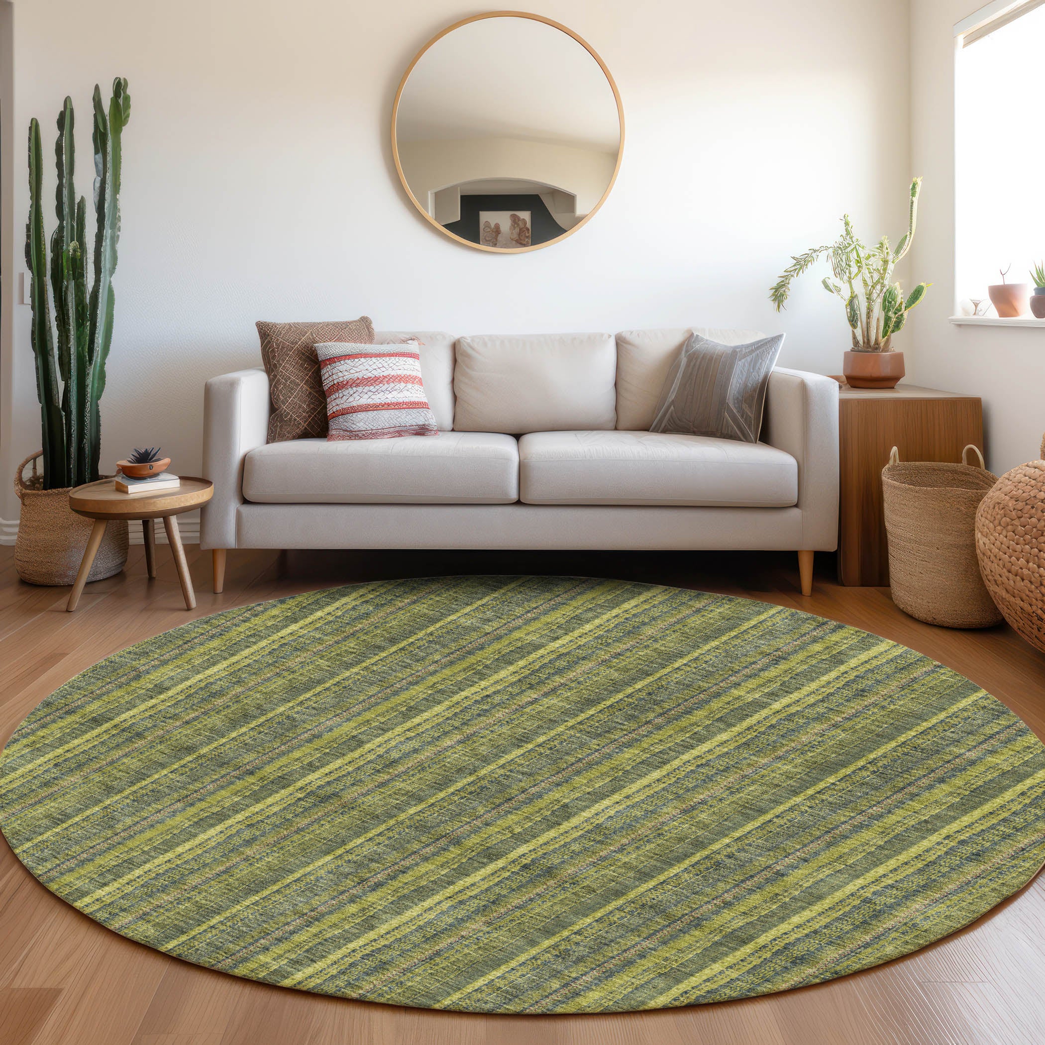Ghent Machine Washable Transitional Olive Green Rug 8' x 8' #shape_Round