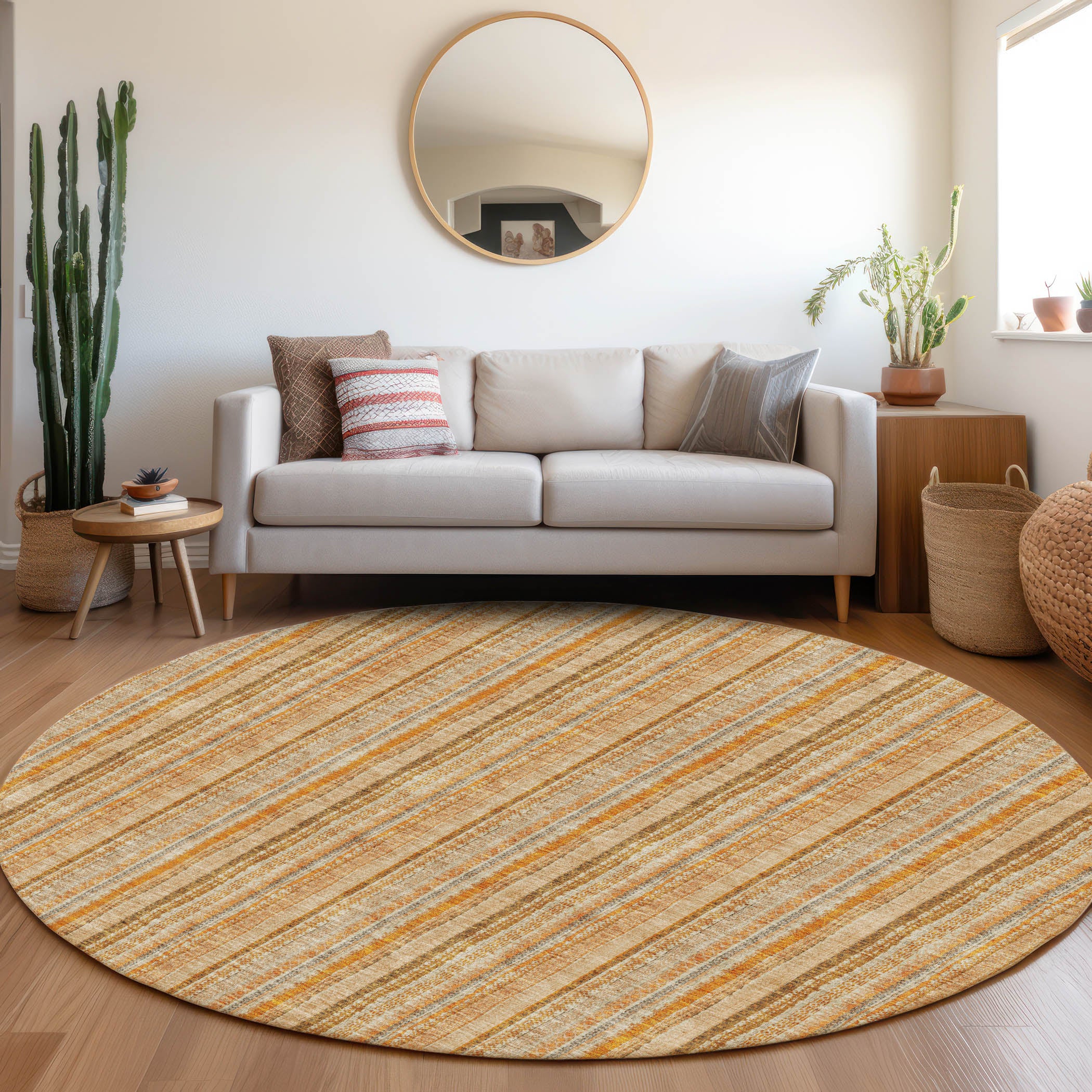 Ghent Machine Washable Transitional Peach Orange Rug 8' x 8' #shape_Round