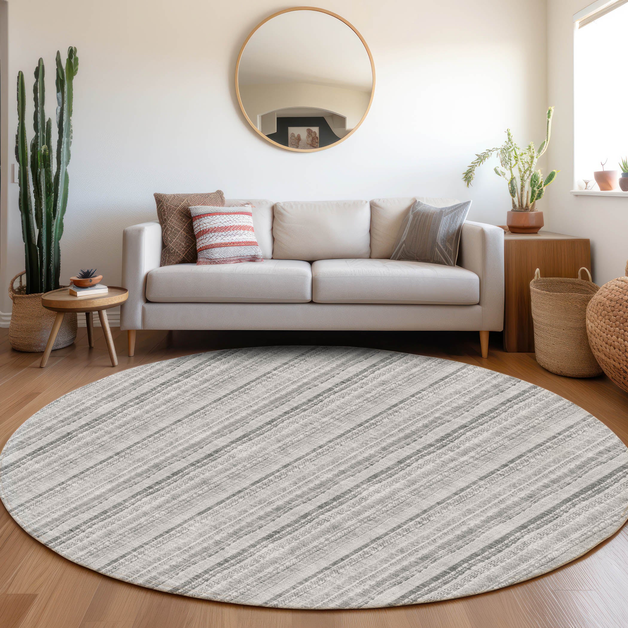 Ghent Machine Washable Transitional Silver Gray Rug 8' x 8' #shape_Round