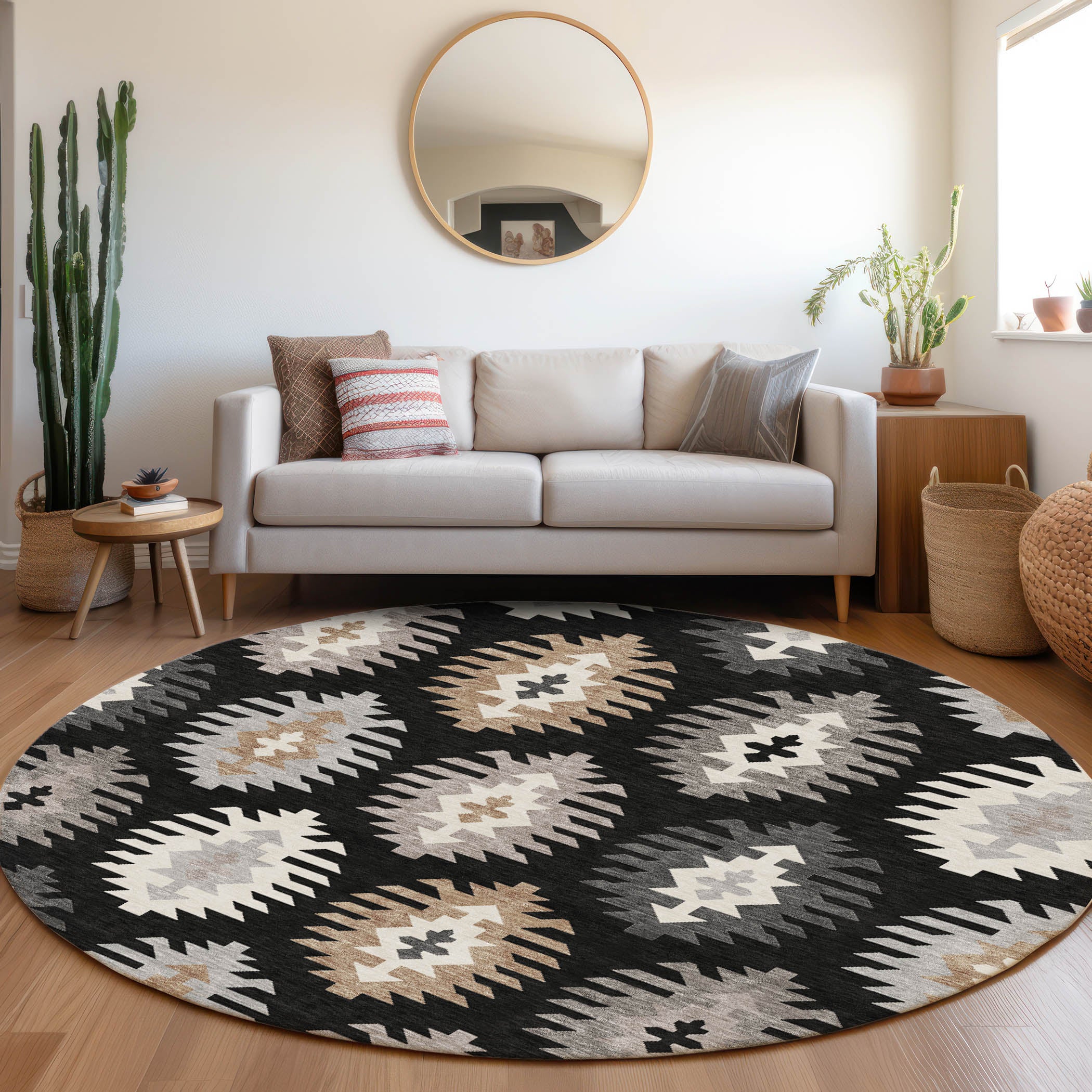 Luang Prabang Machine Washable Transitional Black Rug 8' x 8' #shape_Round