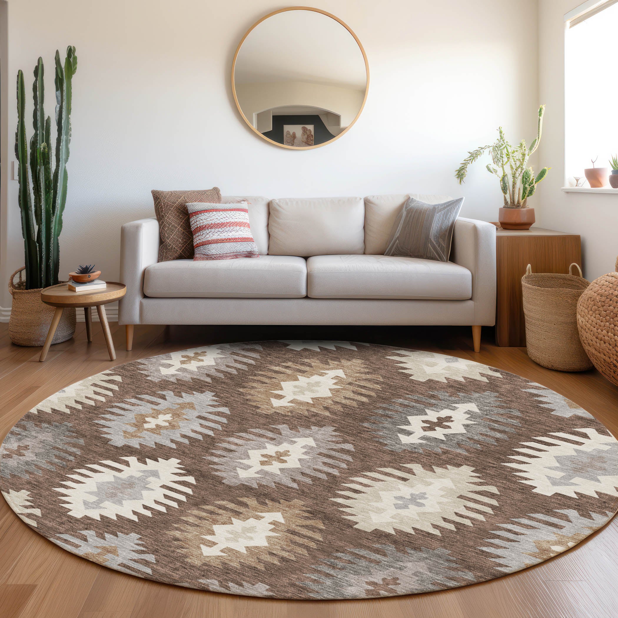 Luang Prabang Machine Washable Transitional Brown Rug 8' x 8' #shape_Round
