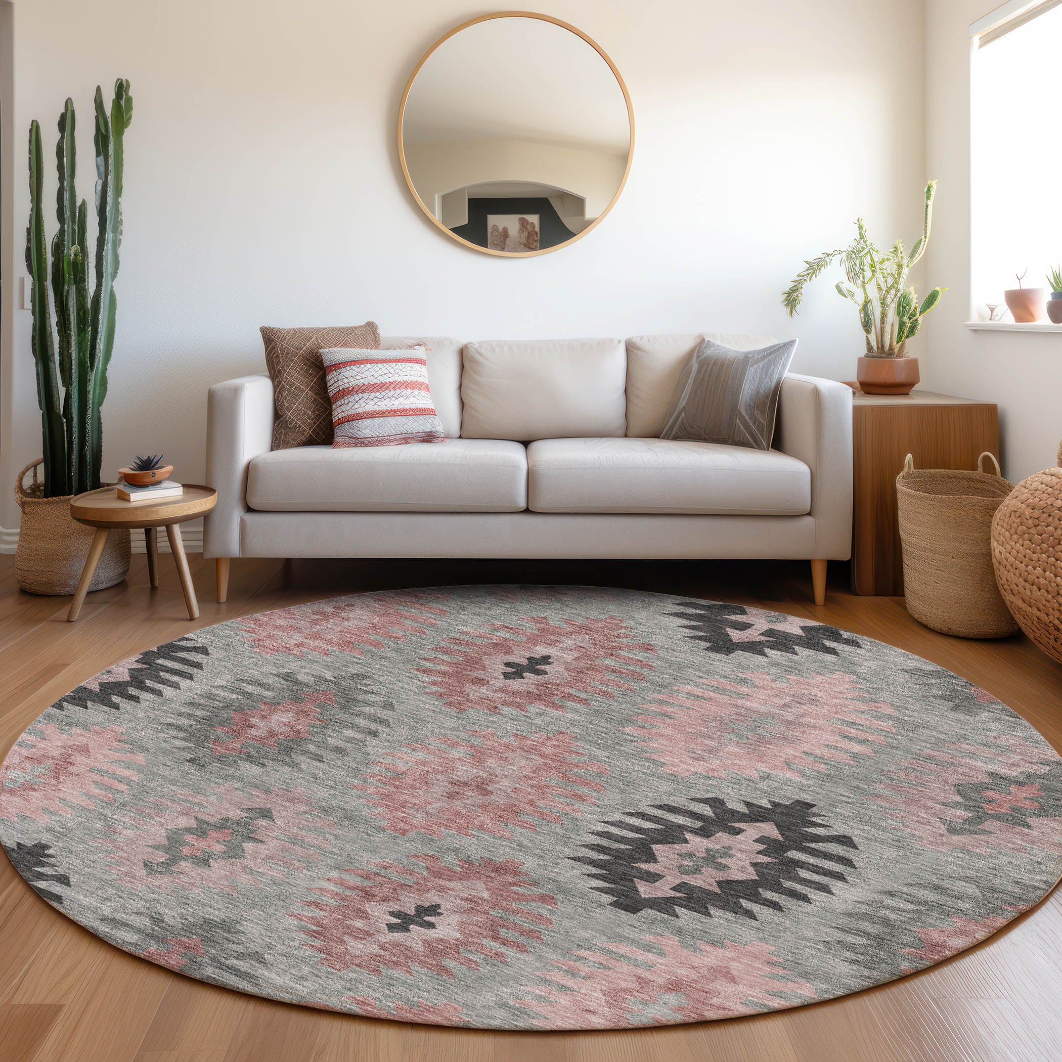 Luang Prabang Machine Washable Transitional Gray Rug 8' x 8' #shape_Round