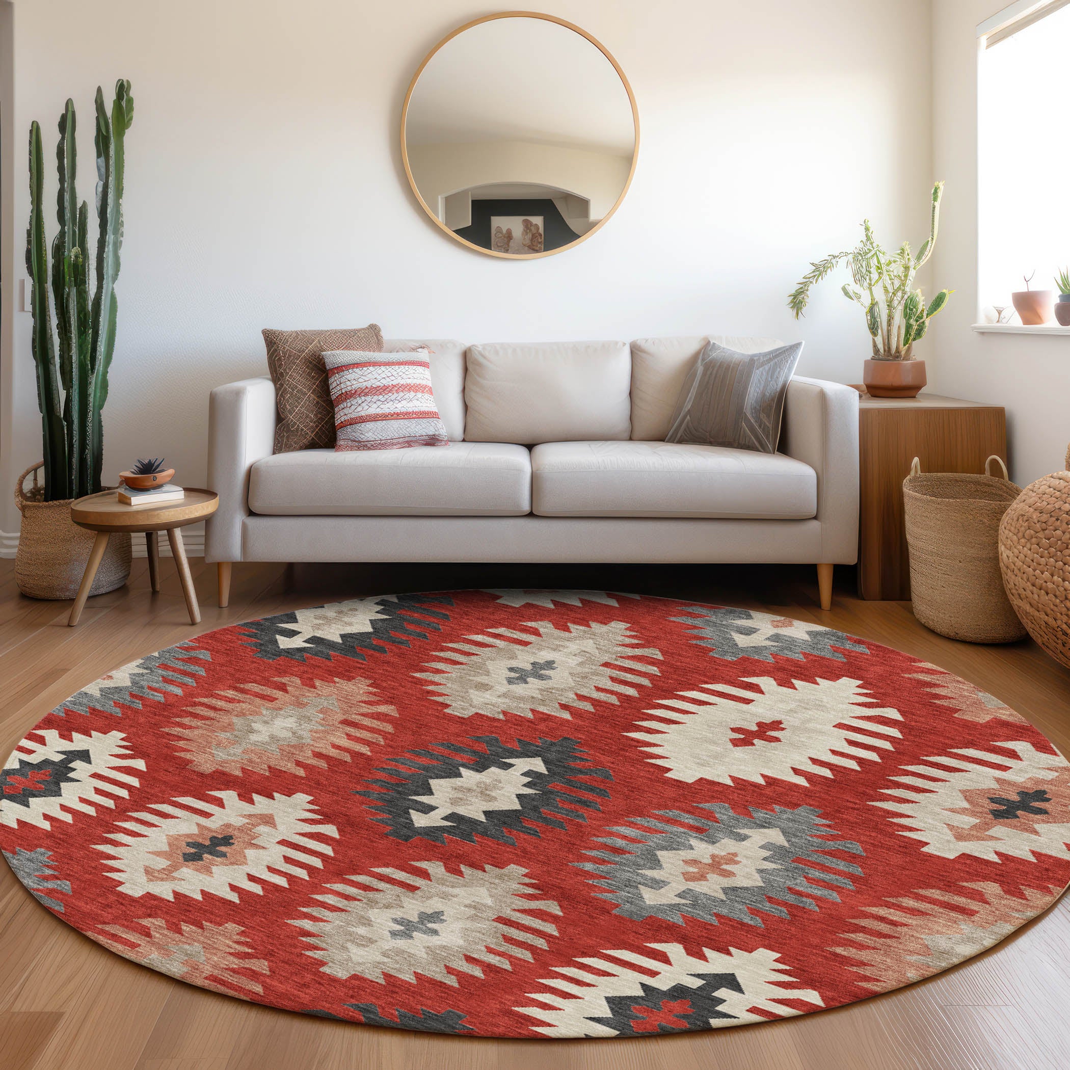 Luang Prabang Machine Washable Transitional Red Rug 8' x 8' #shape_Round