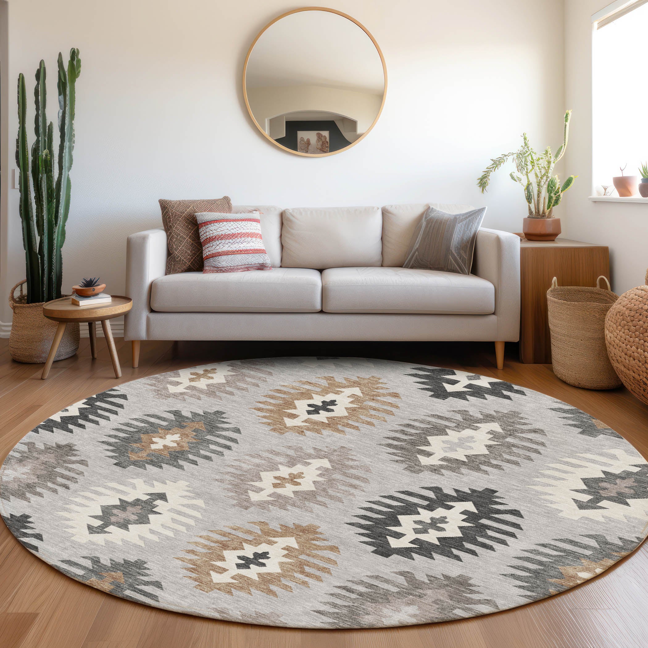 Luang Prabang Machine Washable Transitional Silver Gray Rug 8' x 8' #shape_Round