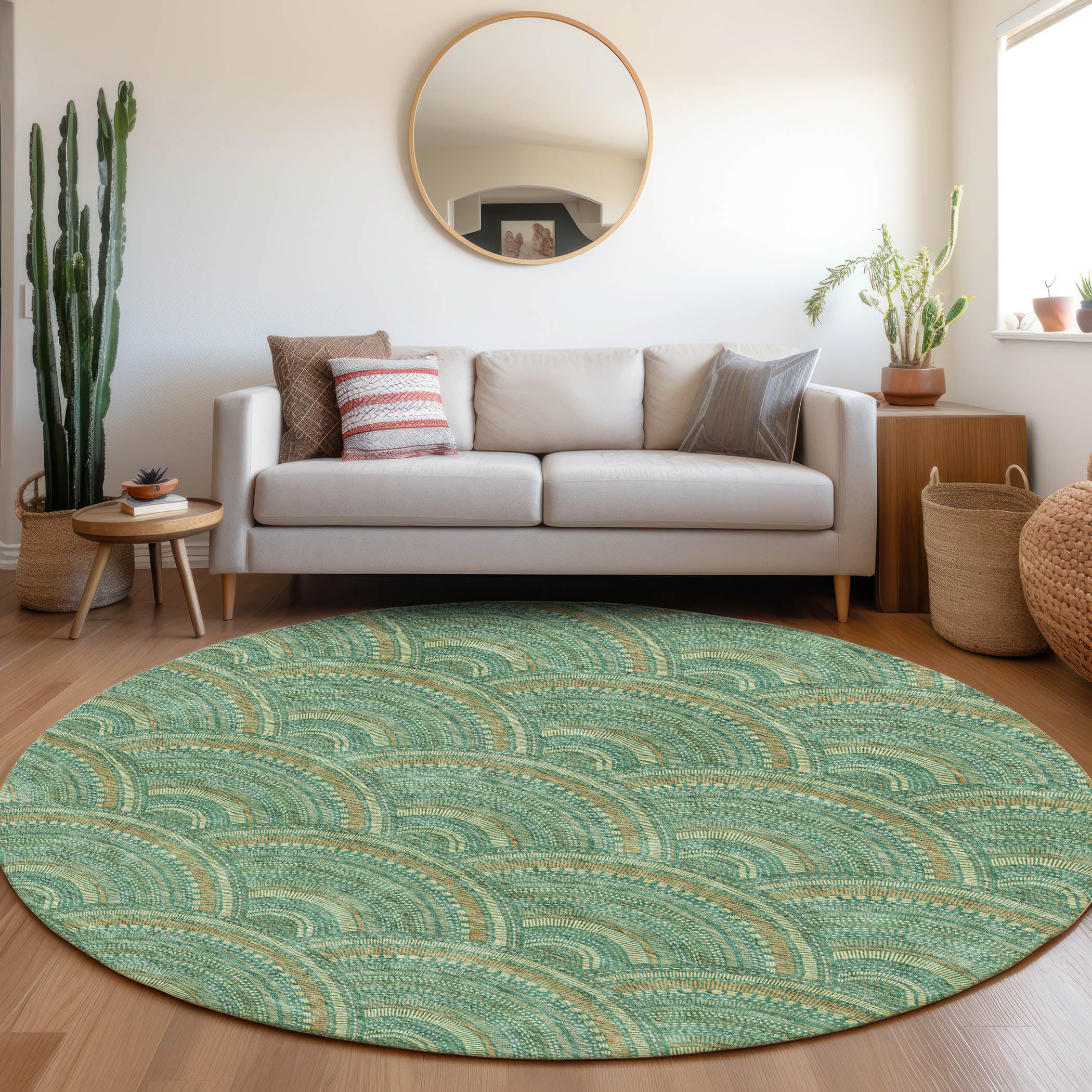 Nairobi Machine Washable Transitional Sage Green Rug 8' x 8' #shape_Round
