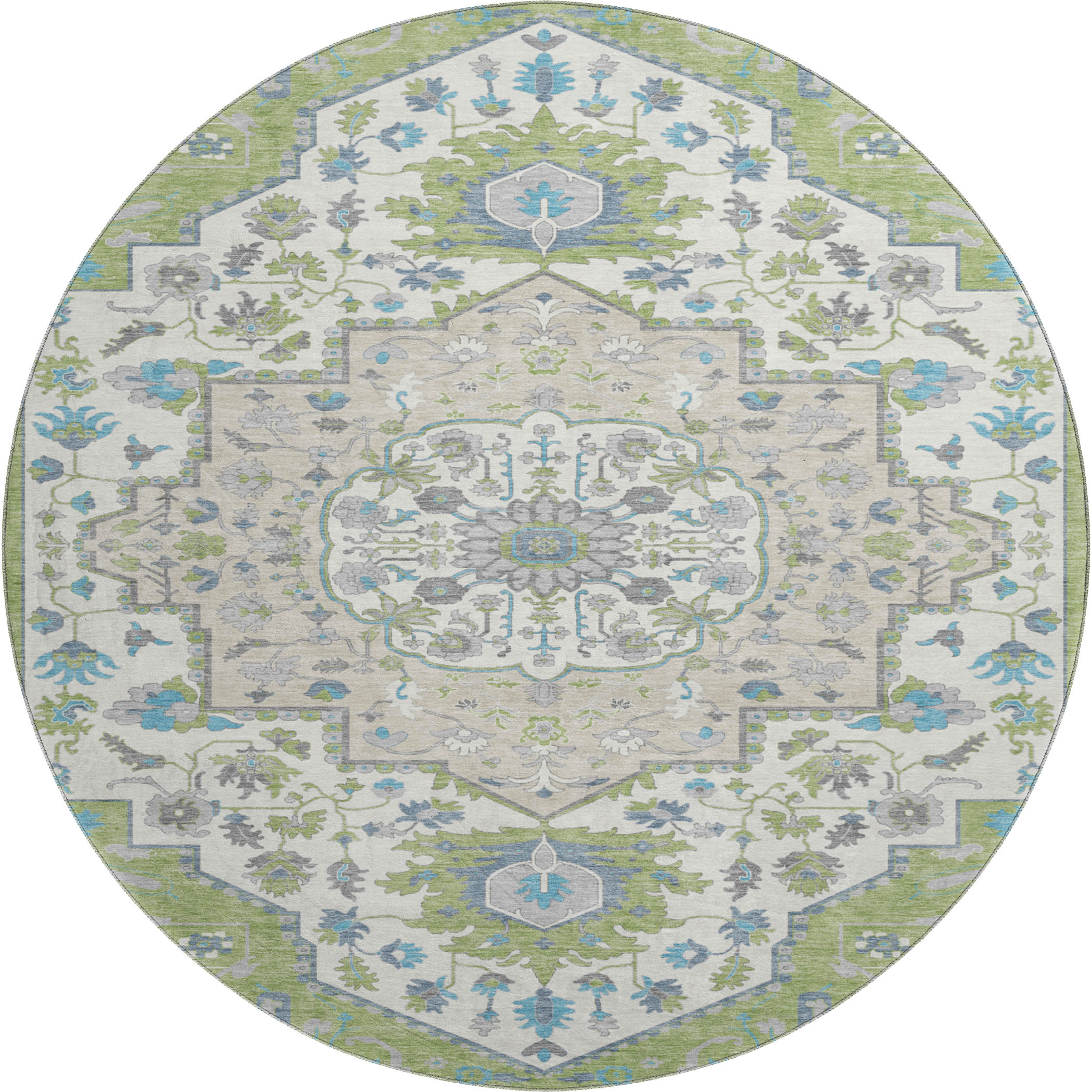 Oslo Machine Washable Traditional Aloe Green Rug 8' x 8' #shape_Round