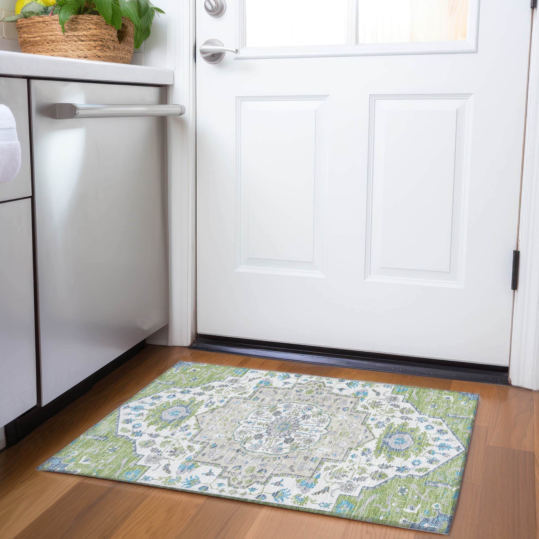 Oslo Machine Washable Traditional Aloe Green Rug 1'8" x 2'6" #shape_Rectangle