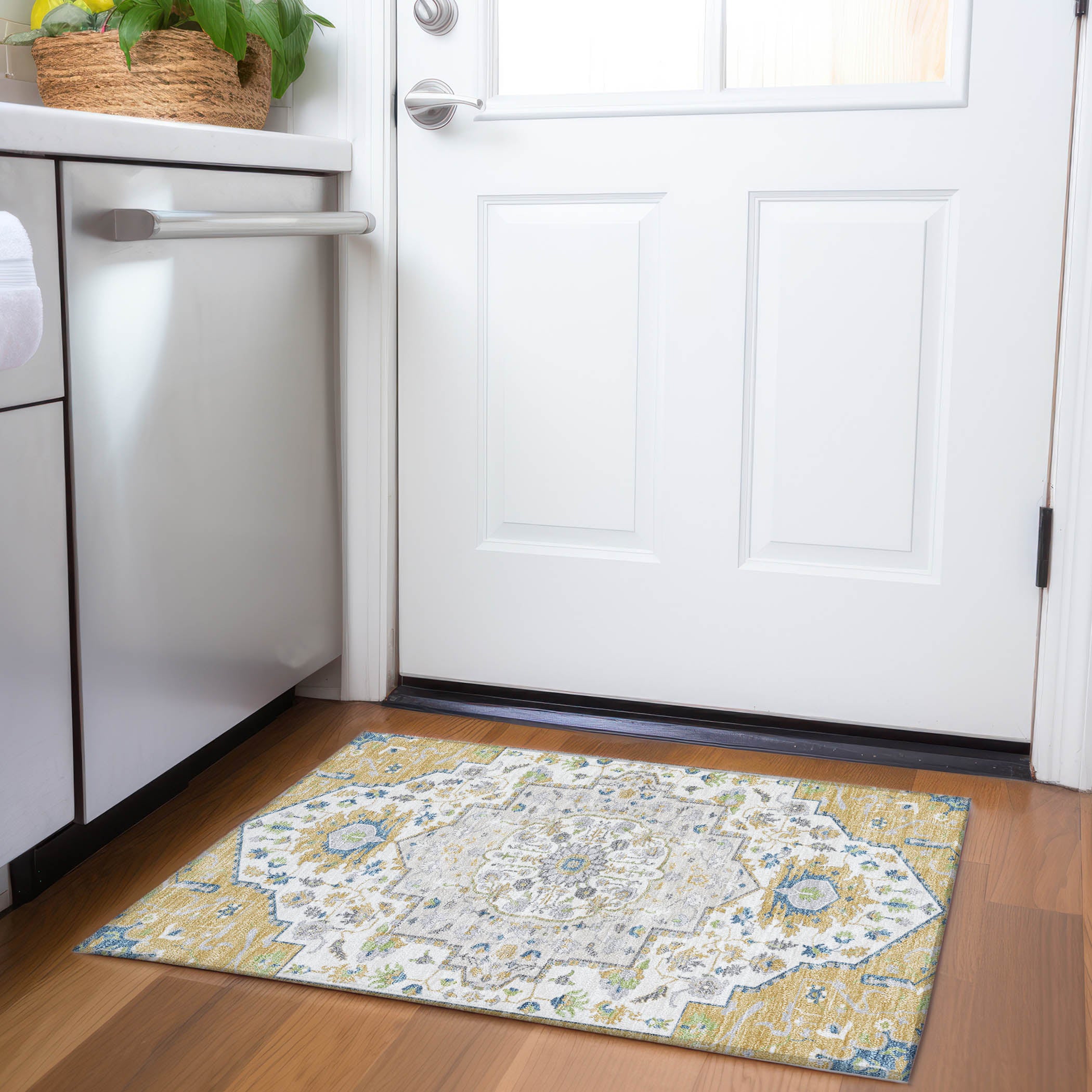 Oslo Machine Washable Traditional Gold Rug 1'8" x 2'6" #shape_Rectangle