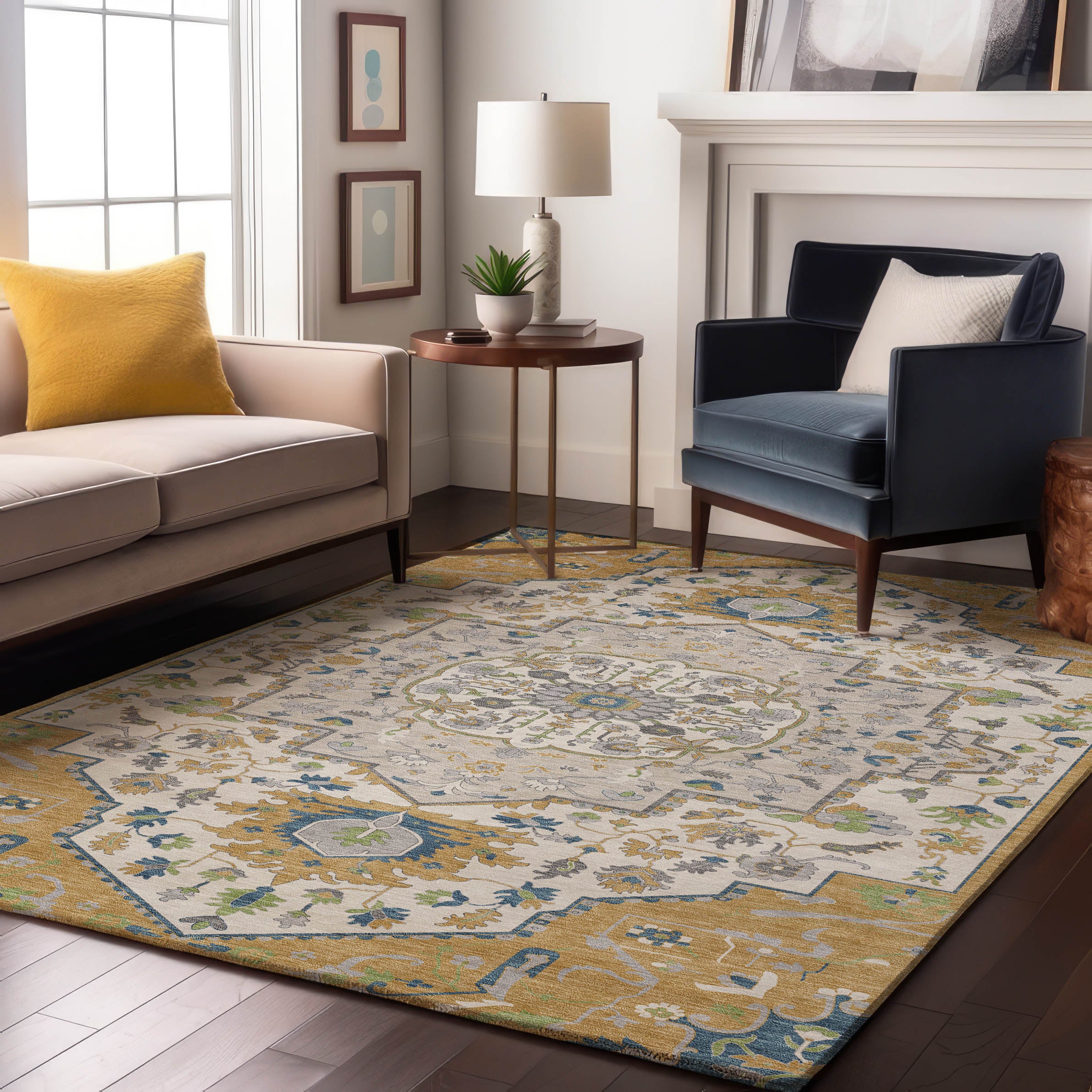 Oslo Machine Washable Traditional Gold Rug 2'6" x 3'10" #shape_Rectangle