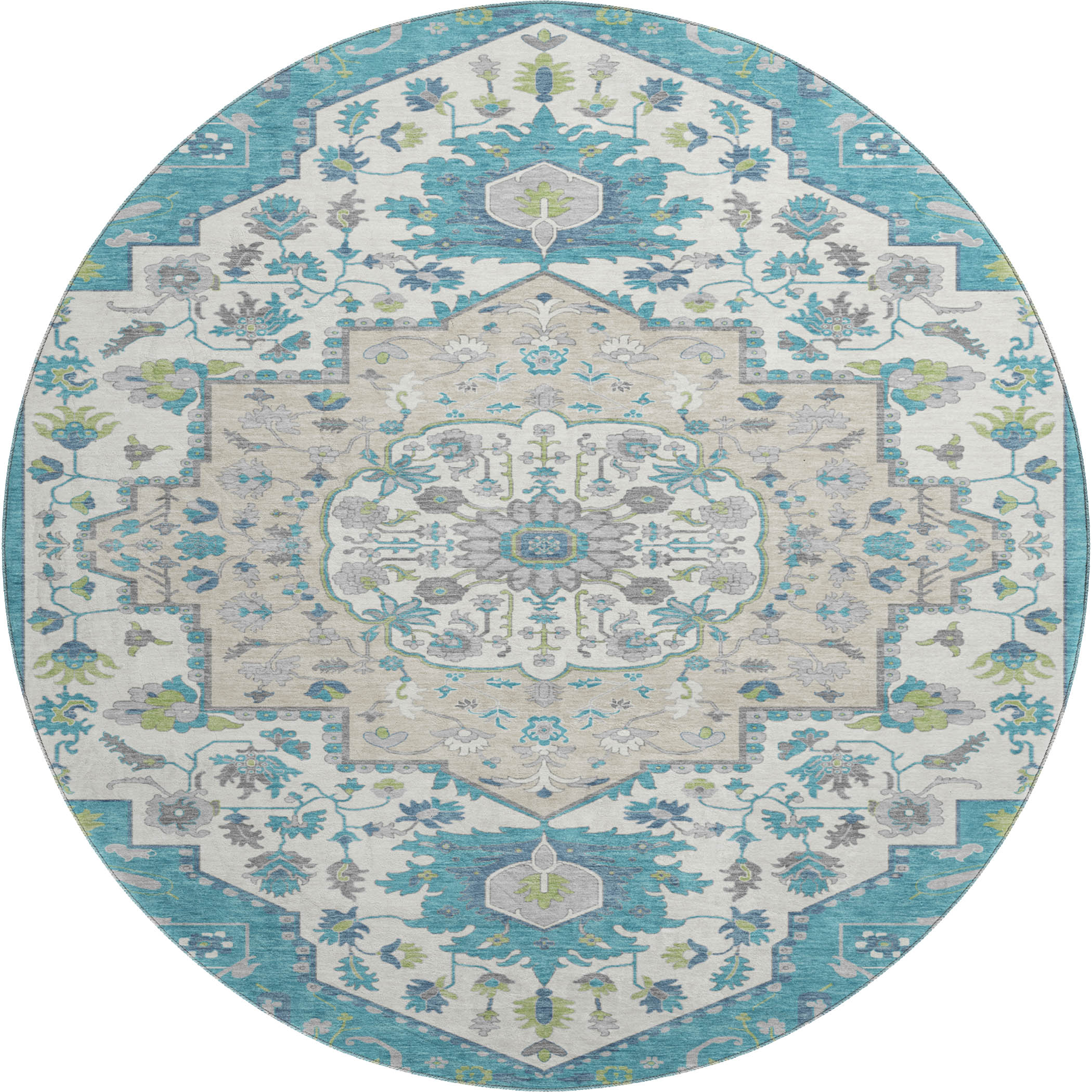 Oslo Machine Washable Traditional Teal Rug 8' x 8' #shape_Round