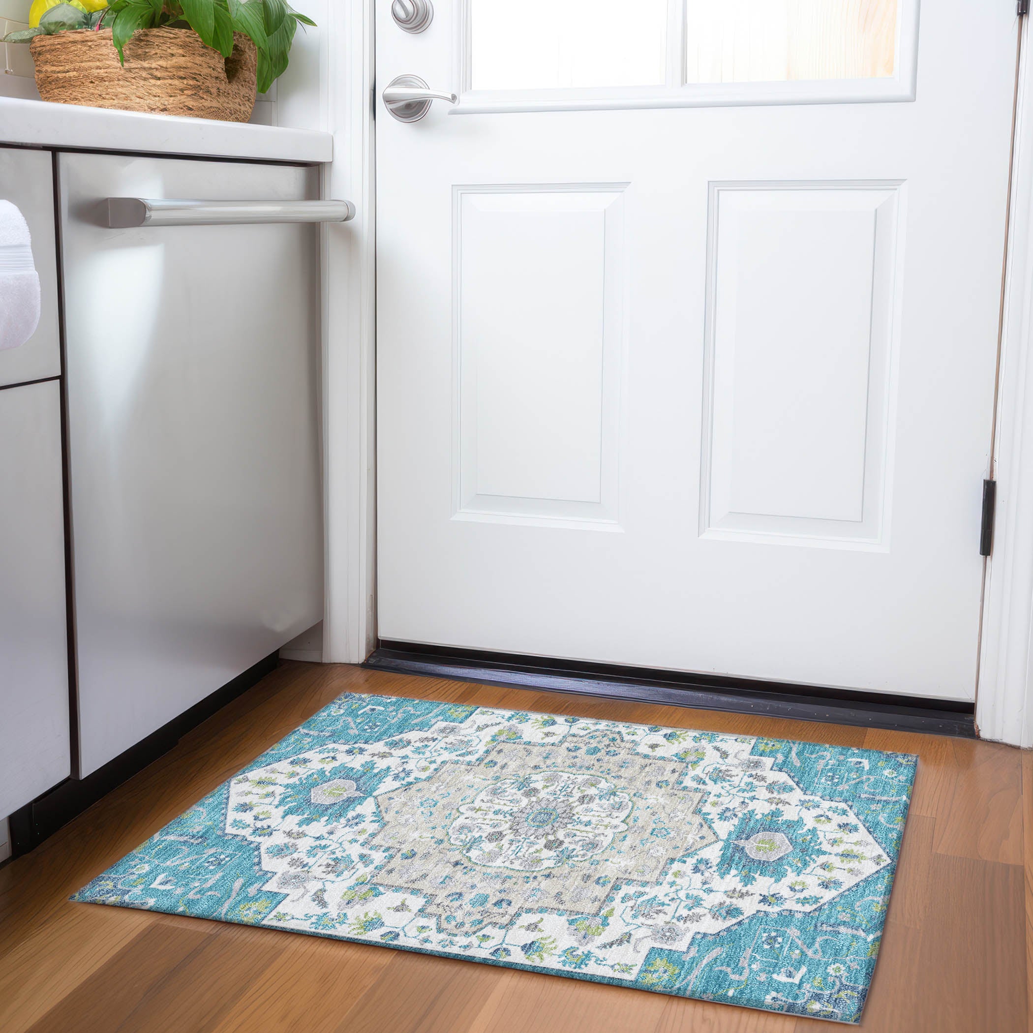 Oslo Machine Washable Traditional Teal Rug 1'8" x 2'6" #shape_Rectangle