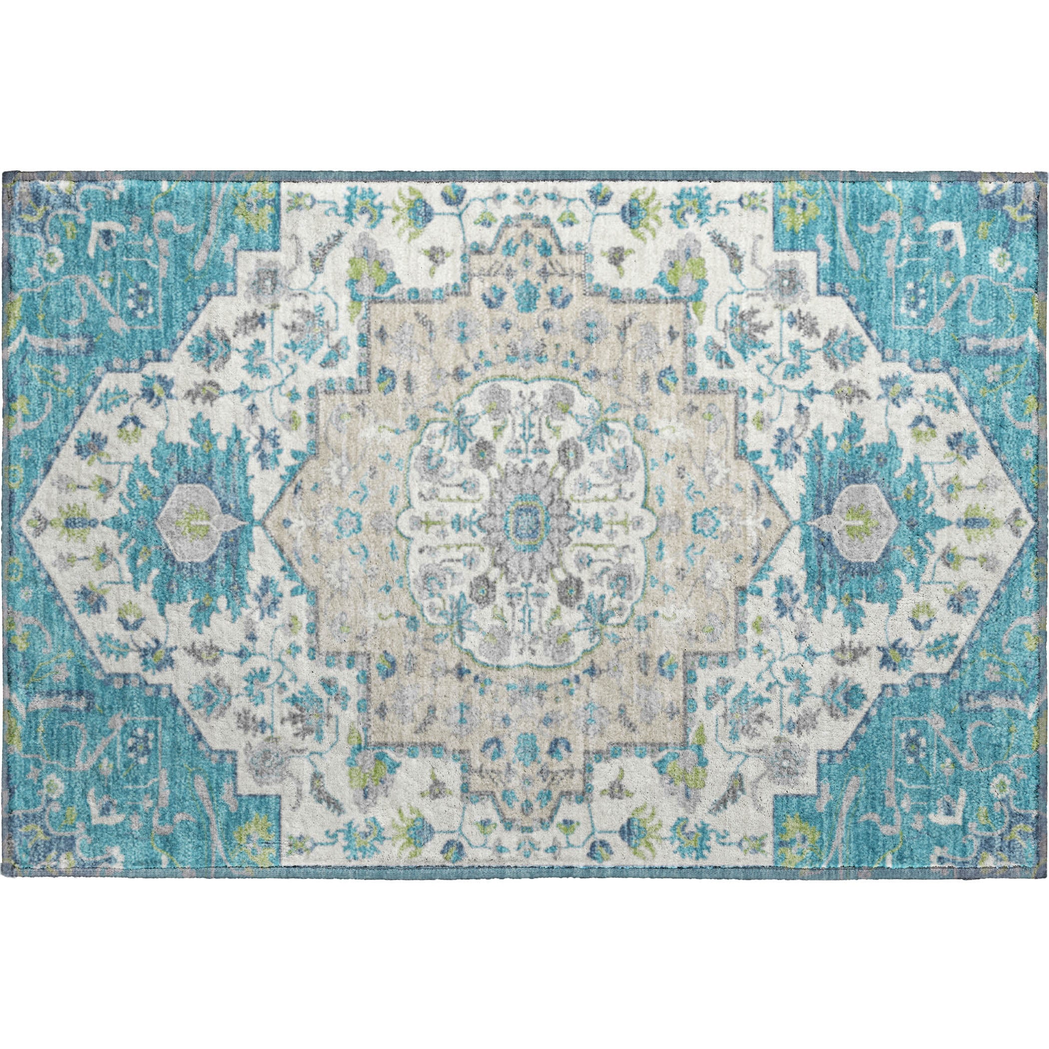 Oslo Machine Washable Traditional Teal Rug 1'8" x 2'6" #shape_Rectangle