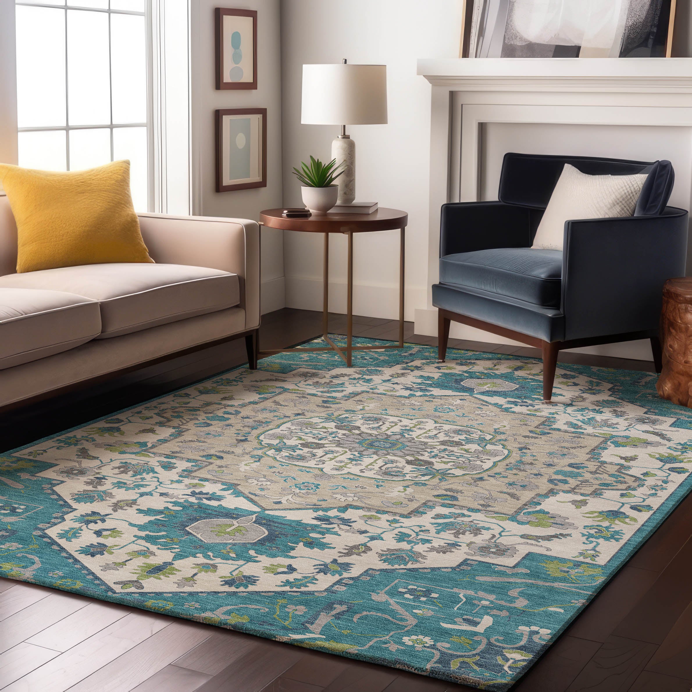 Oslo Machine Washable Traditional Teal Rug 2'6" x 3'10" #shape_Rectangle