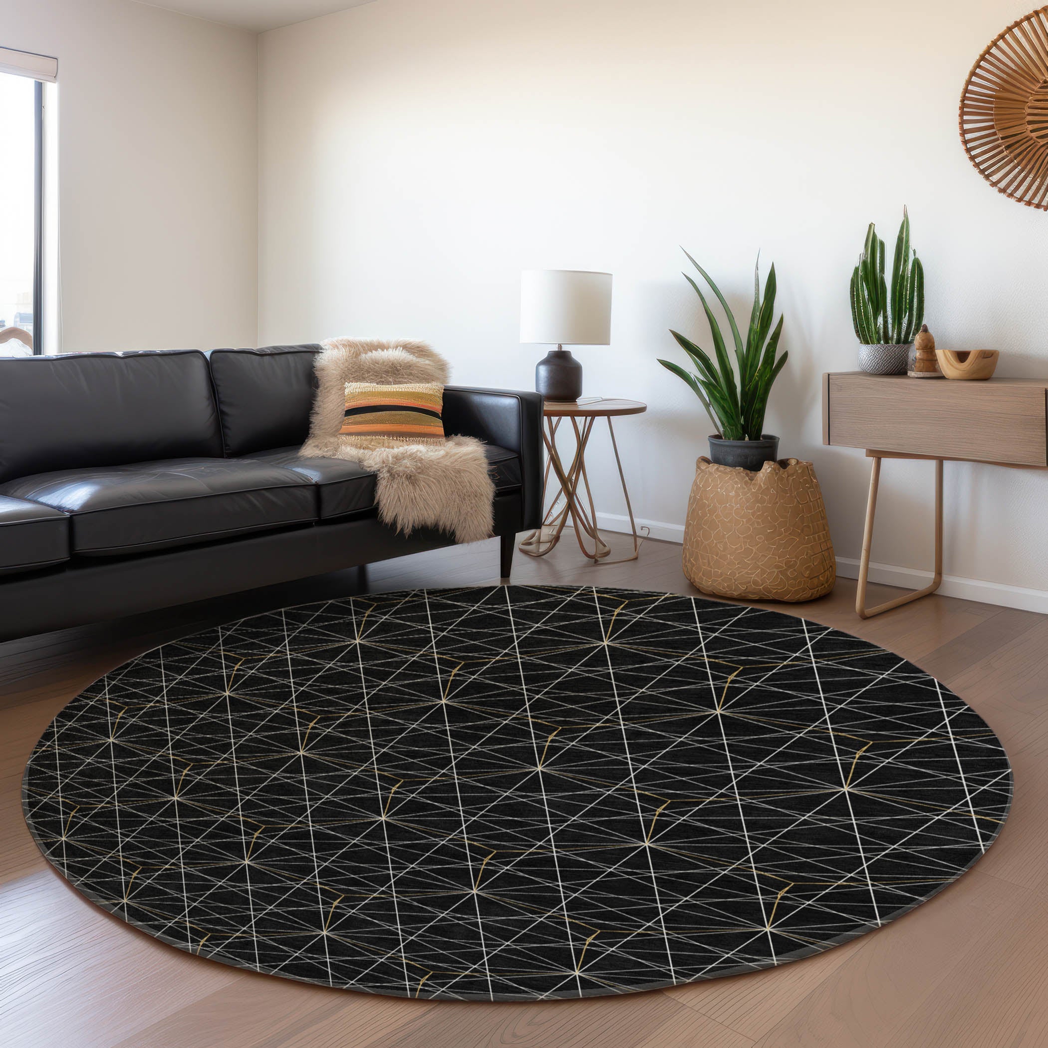 Prague Machine Washable Transitional Black Rug 8' x 8' #shape_Round