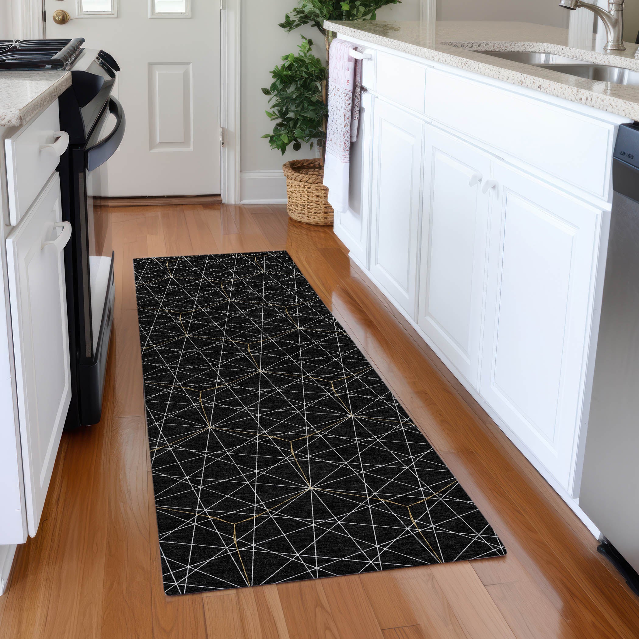 Prague Machine Washable Transitional Black Rug 2'3" x 7'6" #shape_Runner