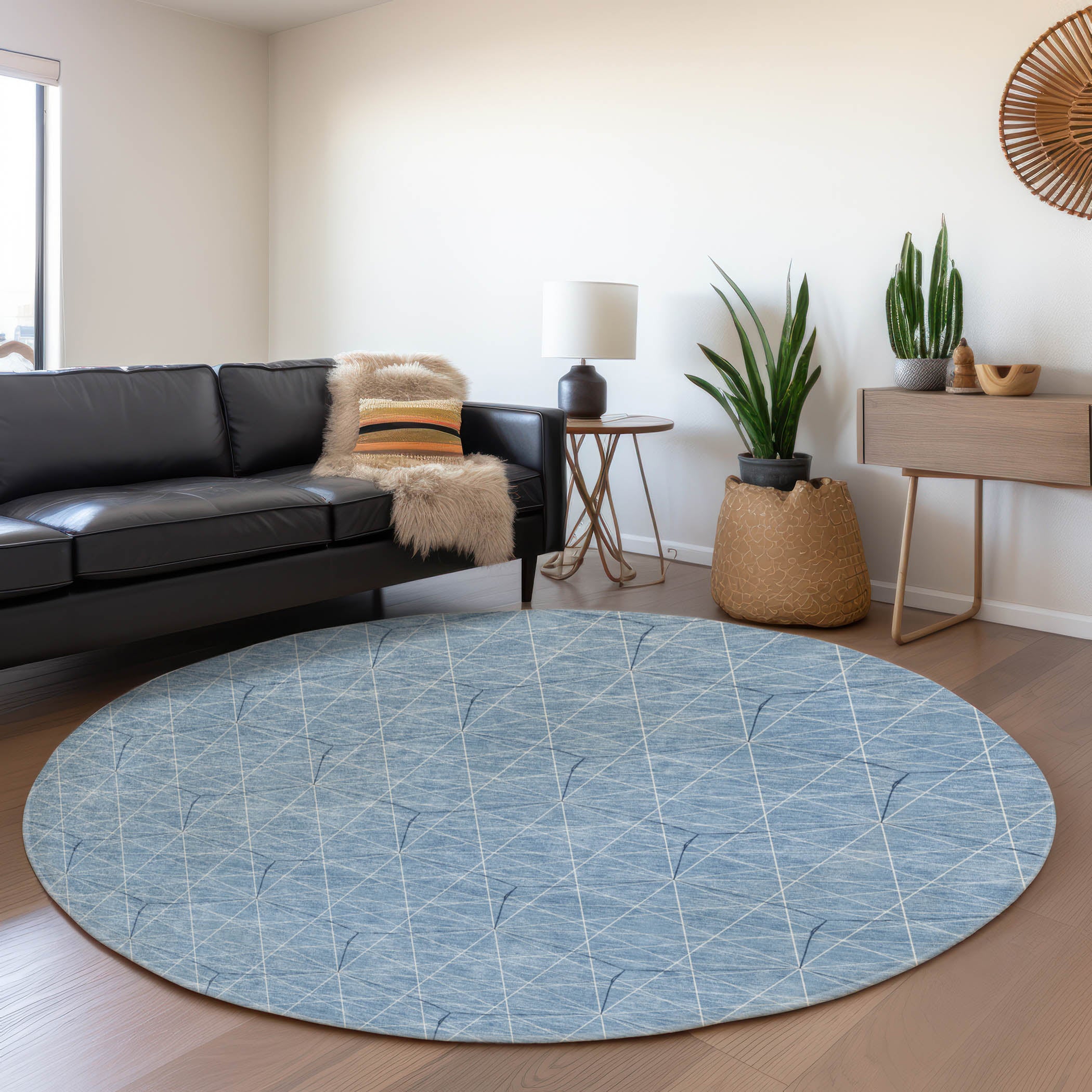 Prague Machine Washable Transitional Denim Blue Rug 8' x 8' #shape_Round