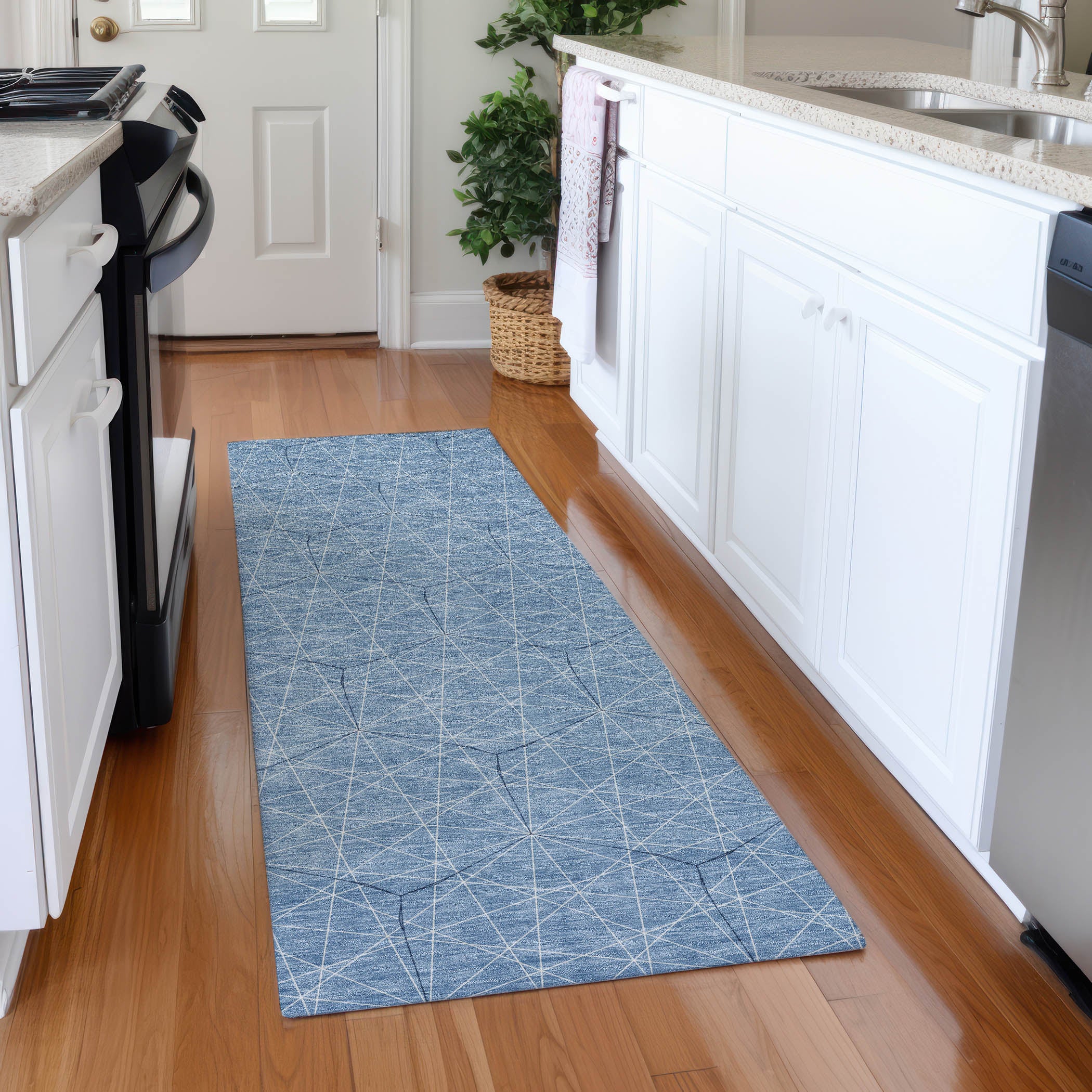 Prague Machine Washable Transitional Denim Blue Rug 2'3" x 7'6" #shape_Runner