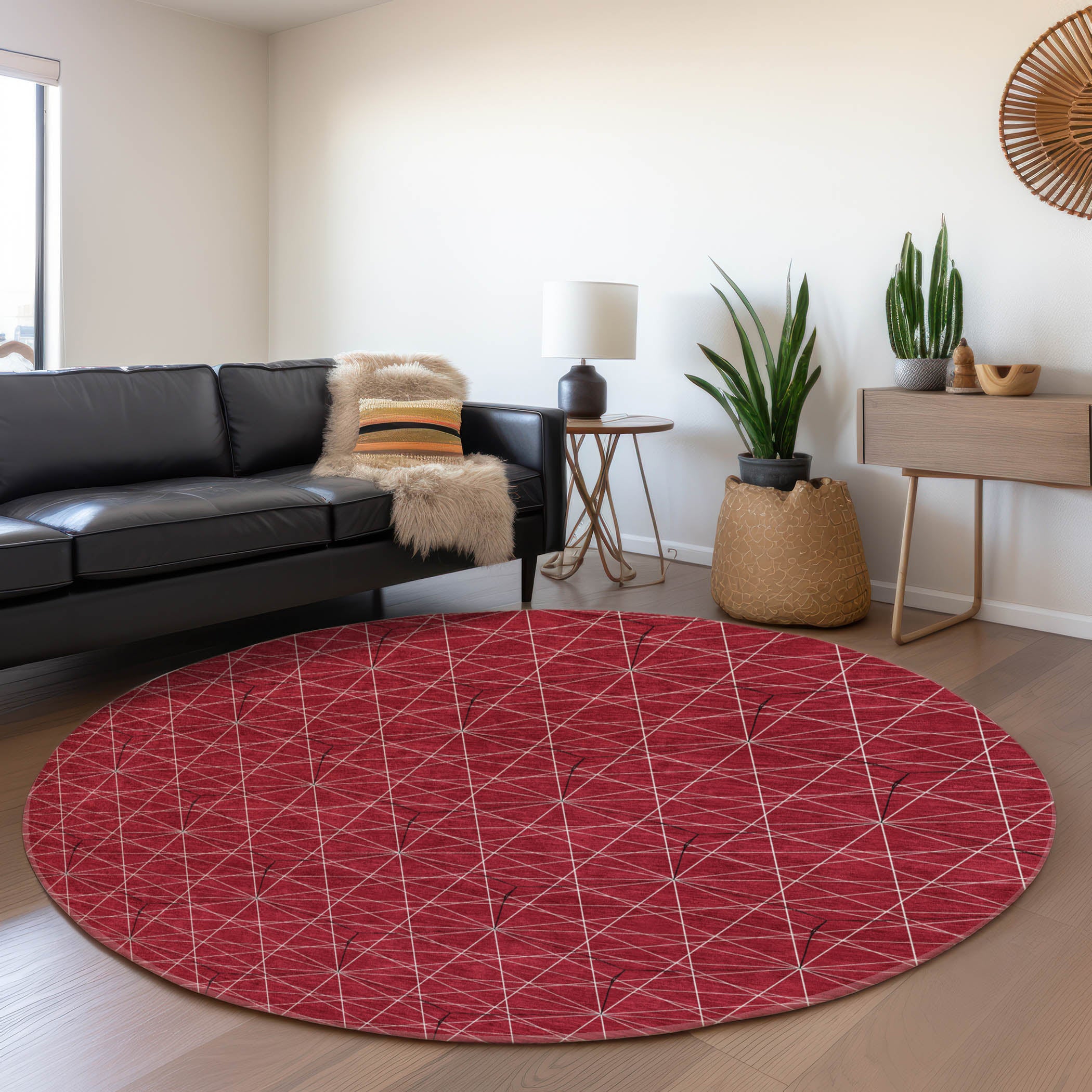 Prague Machine Washable Transitional Red Rug 8' x 8' #shape_Round