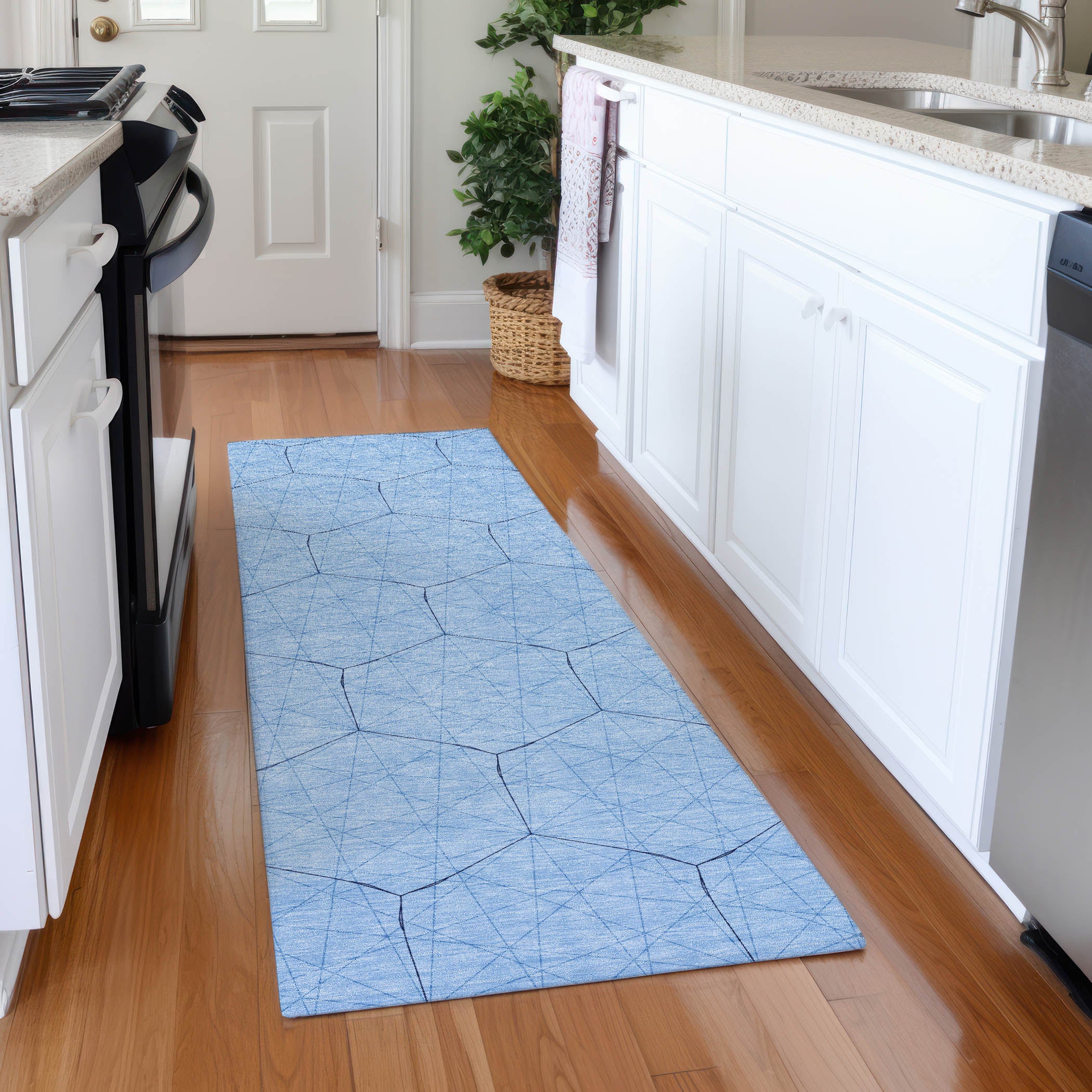Prague Machine Washable Transitional Sky Blue Rug 2'3" x 7'6" #shape_Runner