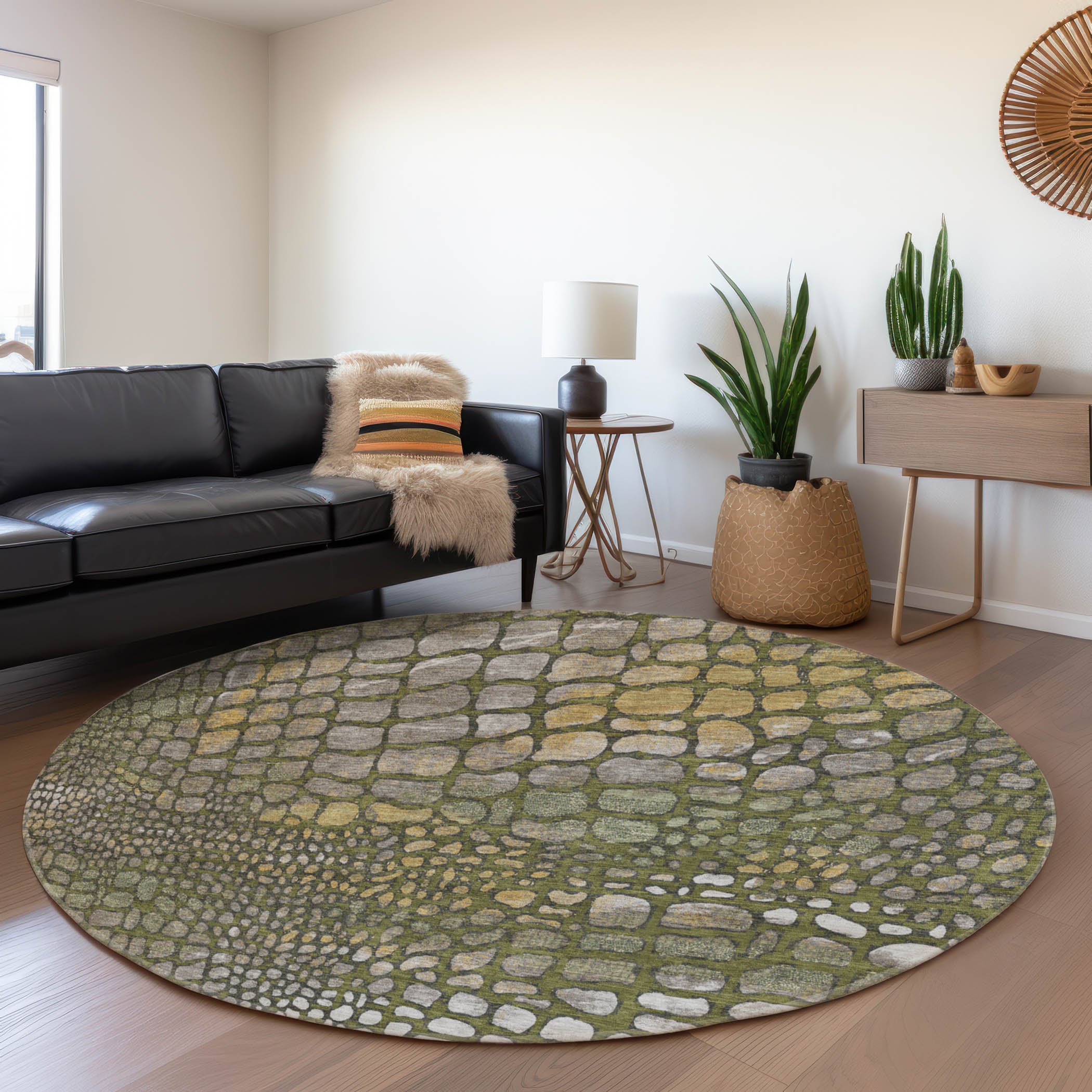 Sintra Machine Washable Transitional Olive Green Rug 8' x 8' #shape_Round