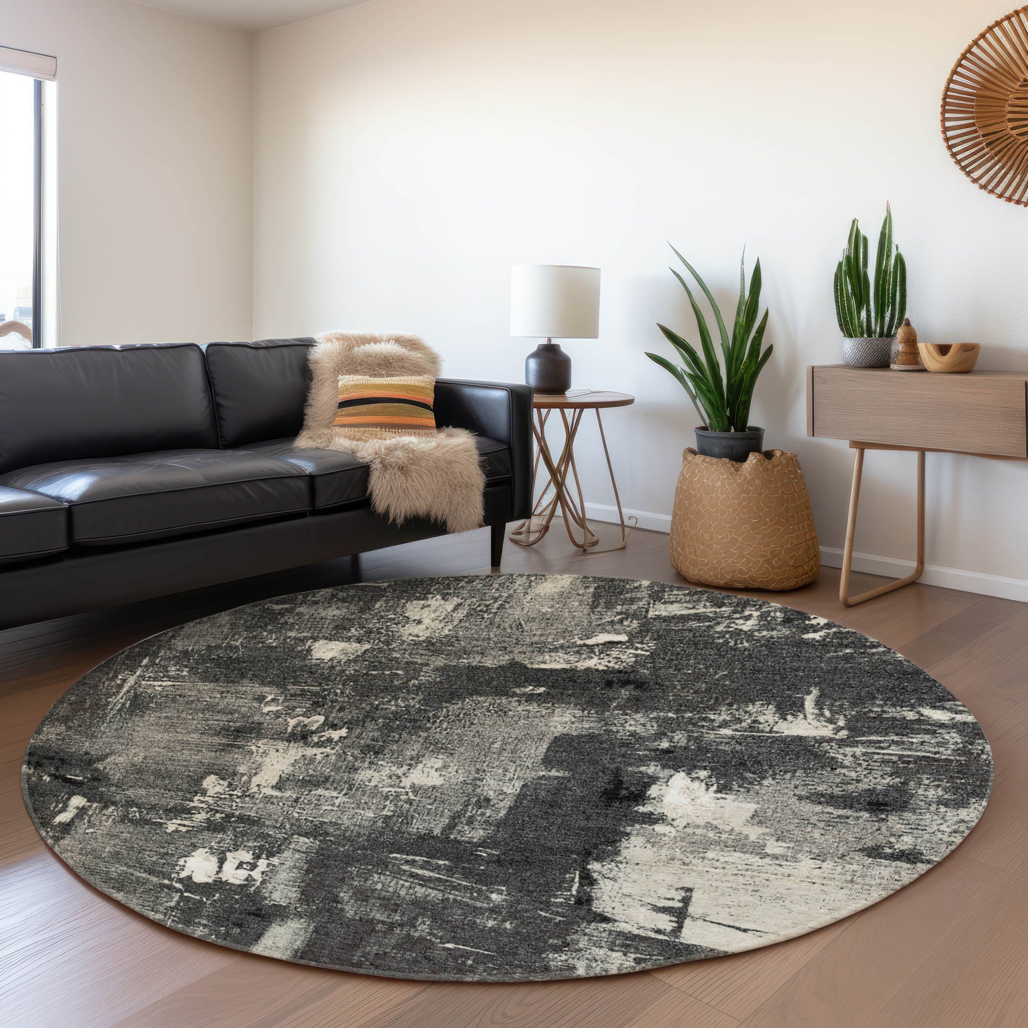 Antigua Machine Washable Transitional Black Rug 8' x 8' #shape_Round